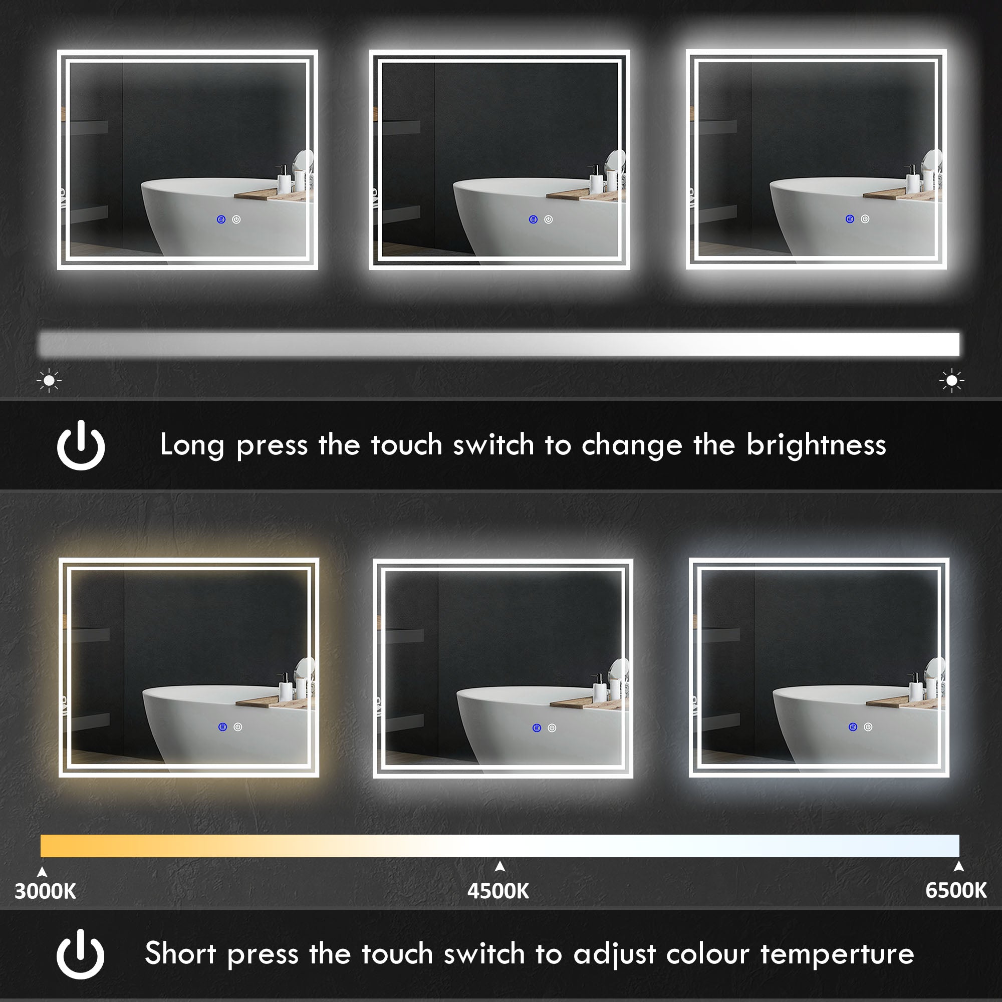 kleankin LED Bathroom Mirror with Lights, Illuminated Makeup Mirror, Vanity Mirror with 3 Colour, Smart Touch, Anti-Fog - North Peak Garden Furniture