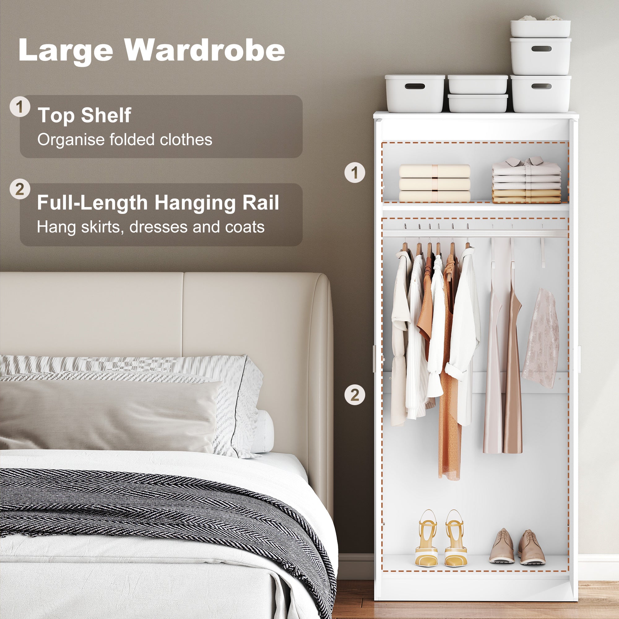 HOMCOM High Gloss 3 Piece Trio Bedroom Furniture Set Wardrobe + Chest Of Drawer + Bedside White