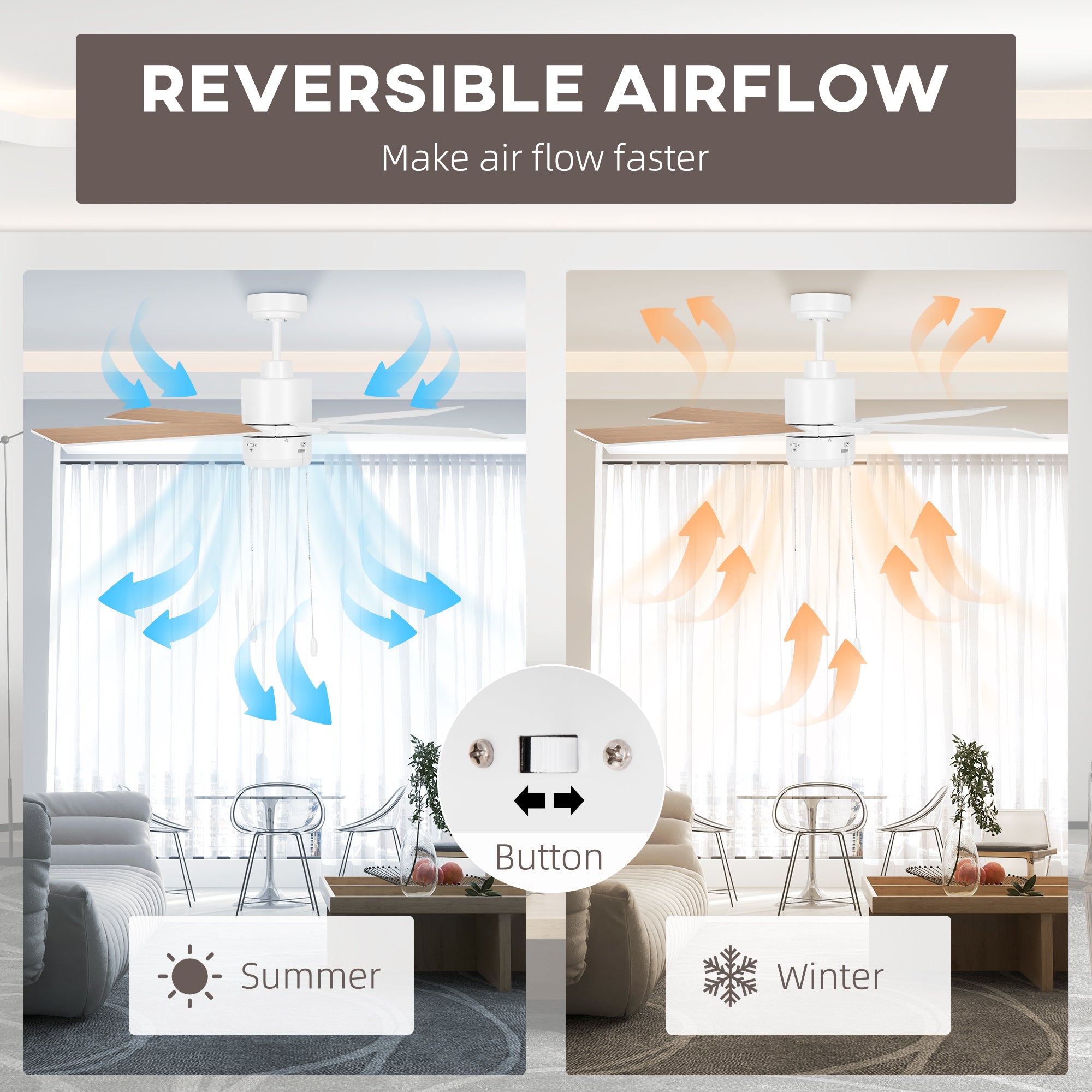 HOMCOM Ceiling Fan with LED Light, Flush Mount Ceiling Fan Lights with Reversible Blades, Pull-chain, White and Natural Tone - North Peak Garden Furniture