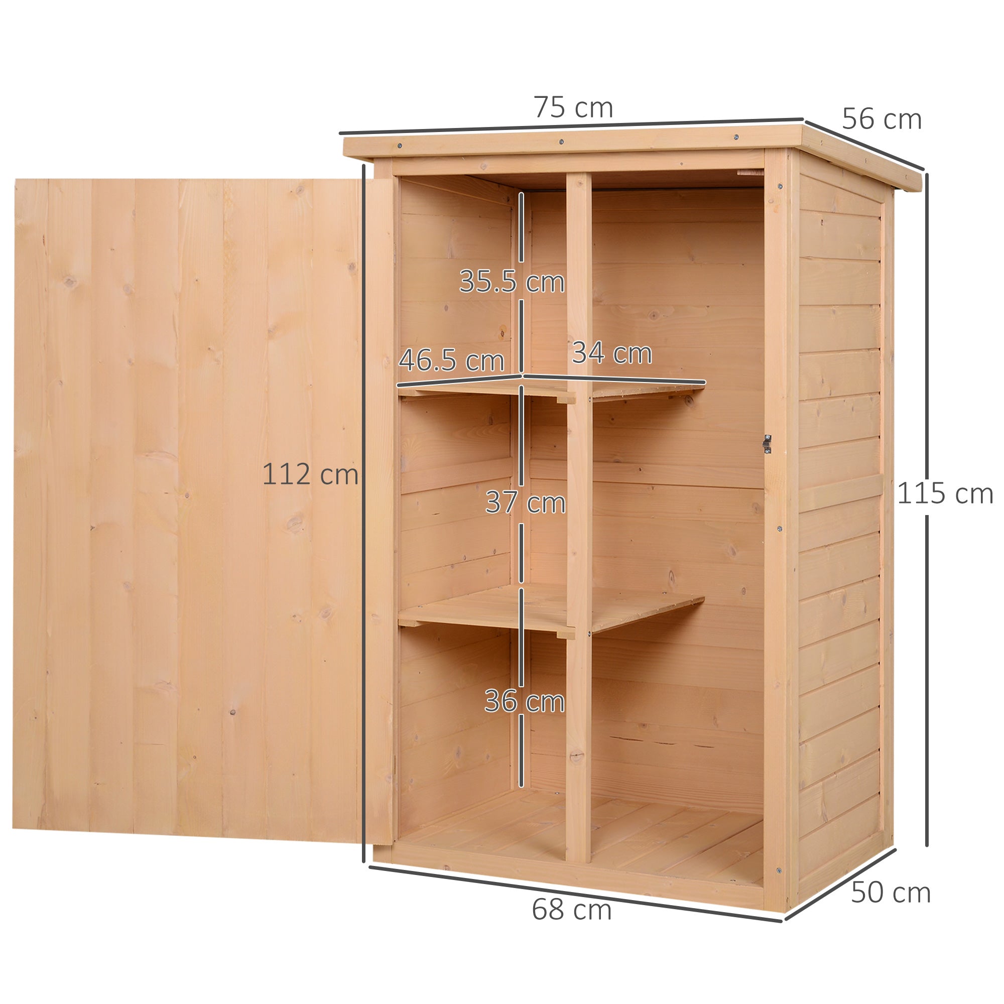 Outsunny Garden Shed Wooden Garden Storage Shed Fir Wood Tool Cabinet Organiser with Shelves 75L x 56W x115Hcm Natural