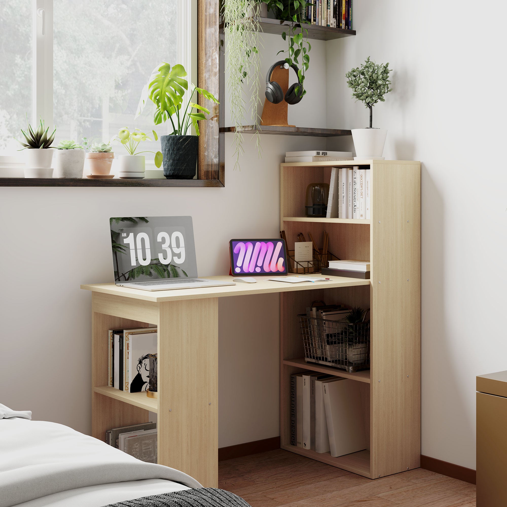 HOMCOM 120cm Modern Computer Desk Bookshelf Study Table Workstation PC Laptop Writing Home Office 6 Shelves, Natural Wood Finish - North Peak Garden Furniture