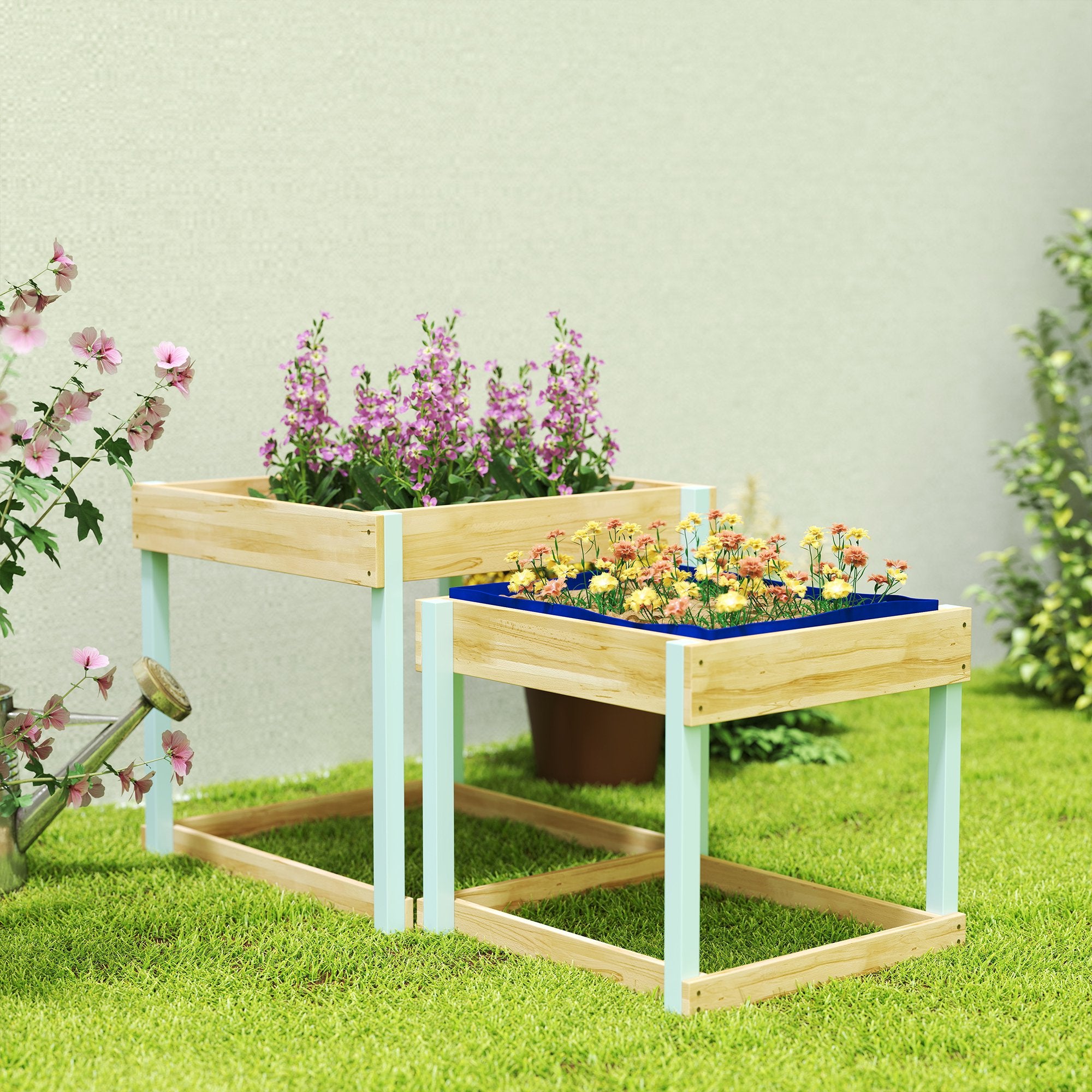 AIYAPLAY 2 PCS Wooden Outdoor Sand and Water Play Tables with Bottom Liner for Kids Aged 3-8 Years Old, Natural Wood Finish - North Peak Garden Furniture