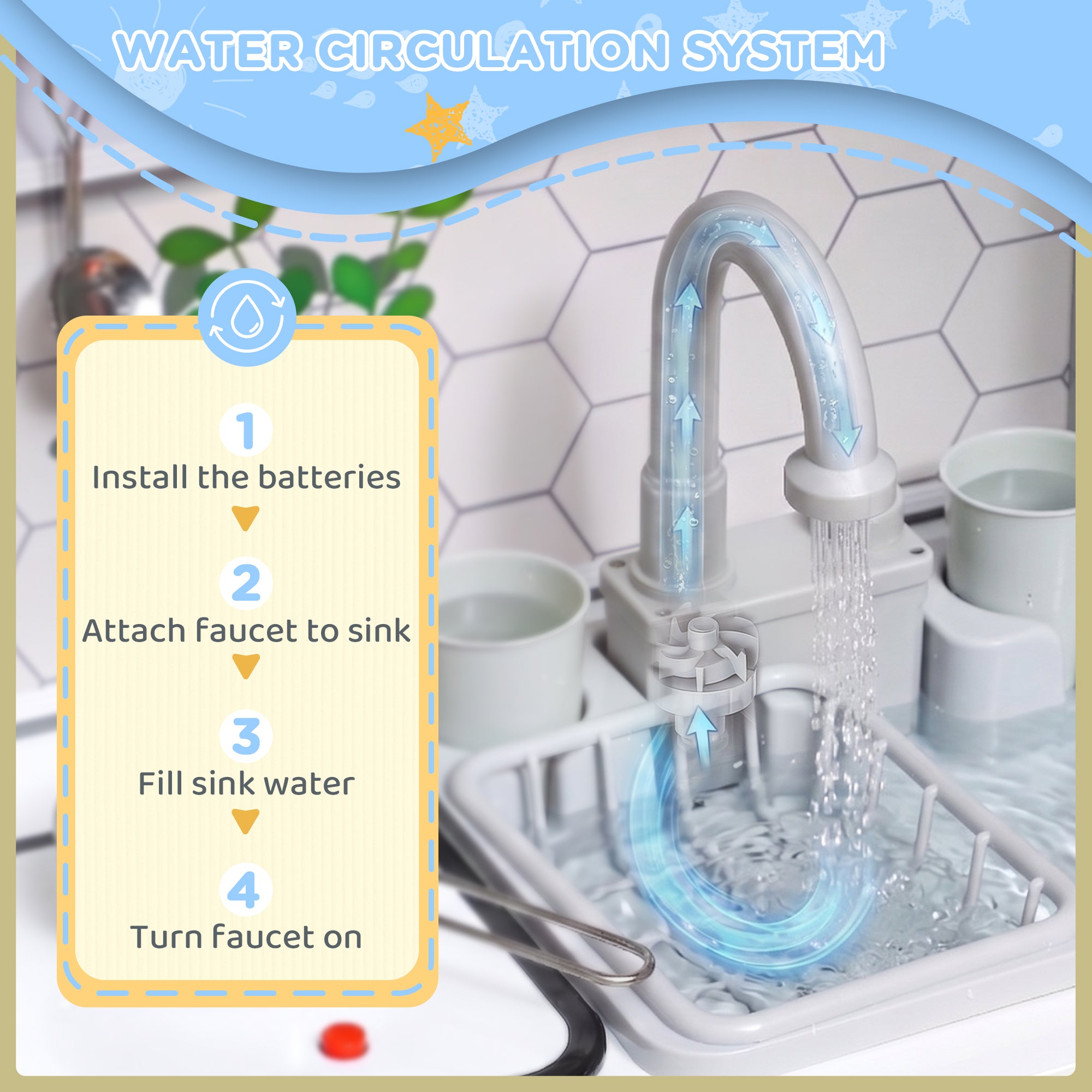 AIYAPLAY Pretend Play Toy Kitchen, Kids Kitchen Playset w/ Sounds and Lights Running Water, Coffee Maker, Refrigerator