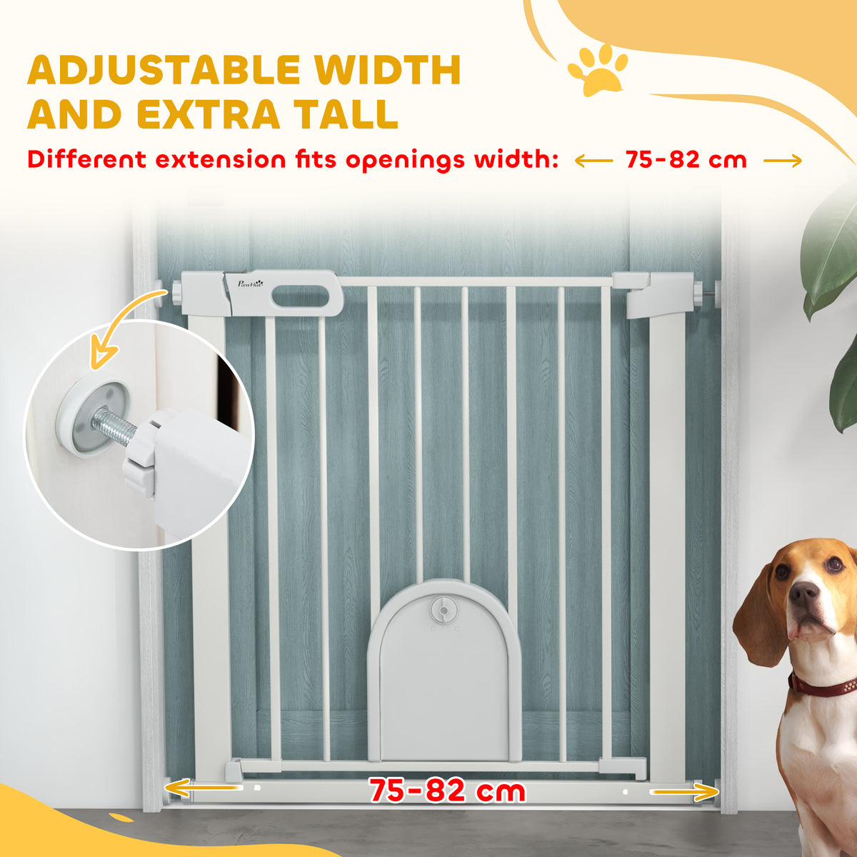 PawHut 75-82cm Pet Safet Gaye, Pressure Fit Stair, with Cat Flap, Double Locking, White