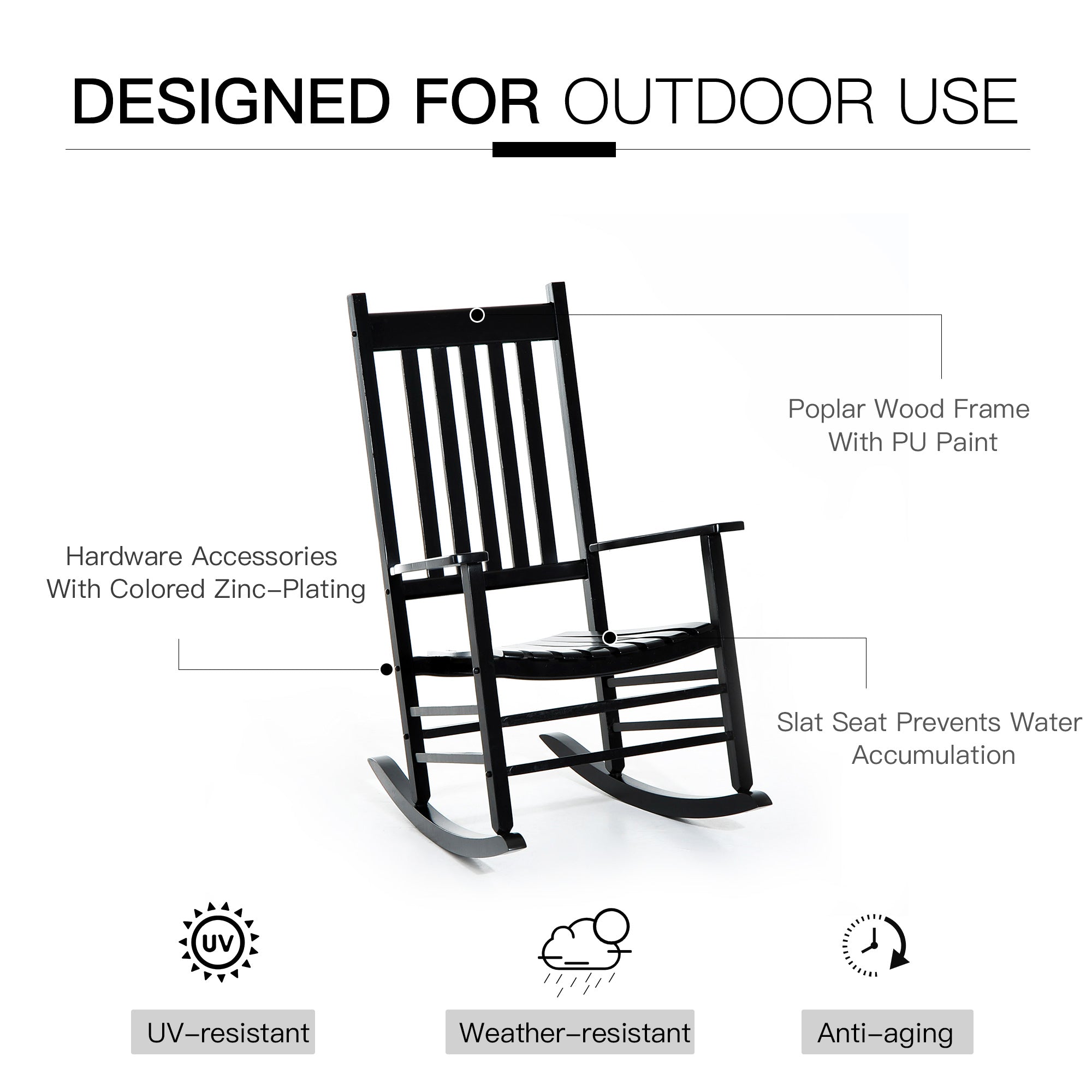 Outsunny Outdoor Porch Rocking Chair Armchair Wooden Patio Rocker Balcony Deck Garden Seat Black - North Peak Garden Furniture