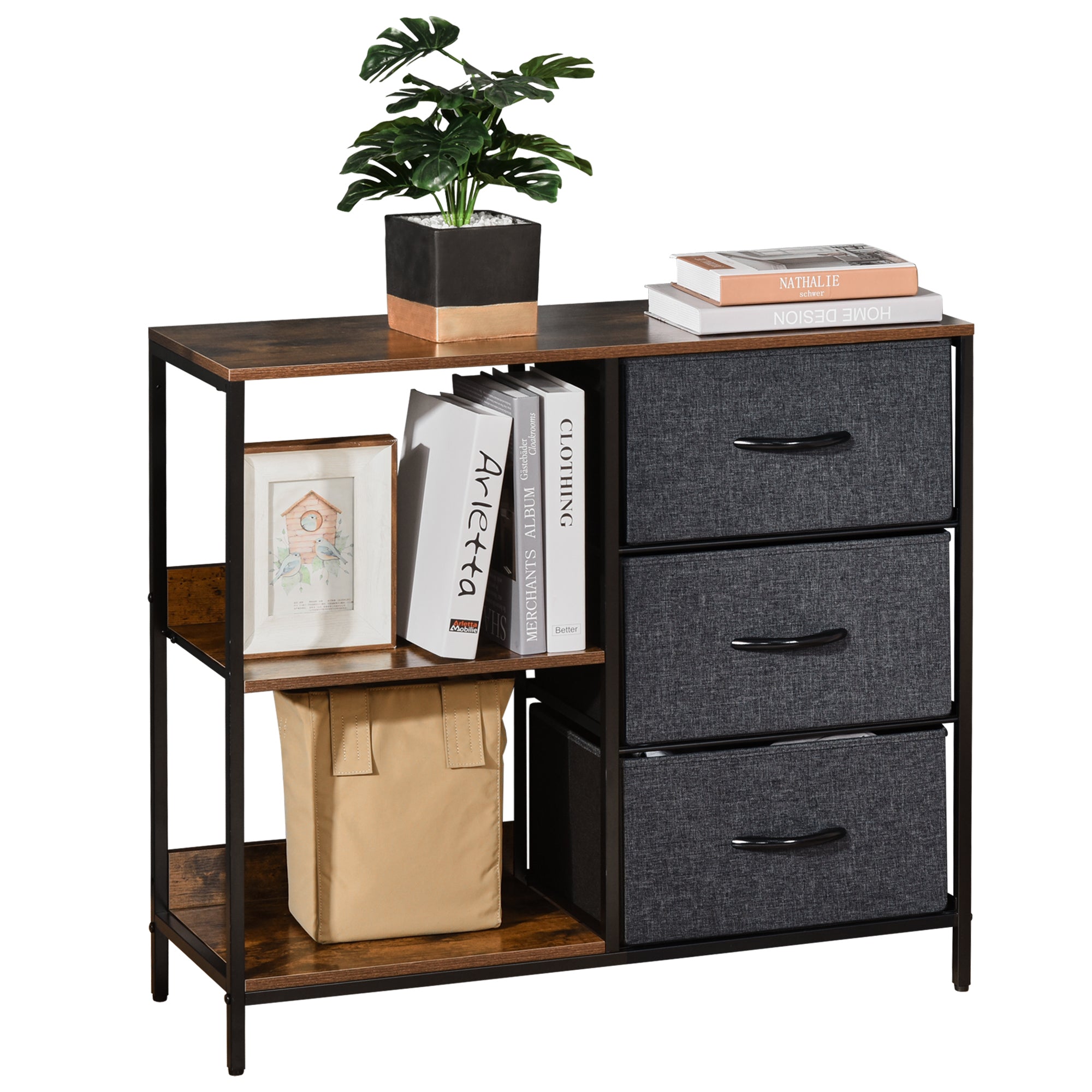 HOMCOM Chest of Drawers Storage  Dresser Cabinet Organizer with 3 Fabric Drawers and 2 Display Shelves for Living Room, Bedroom, Hallway, Black