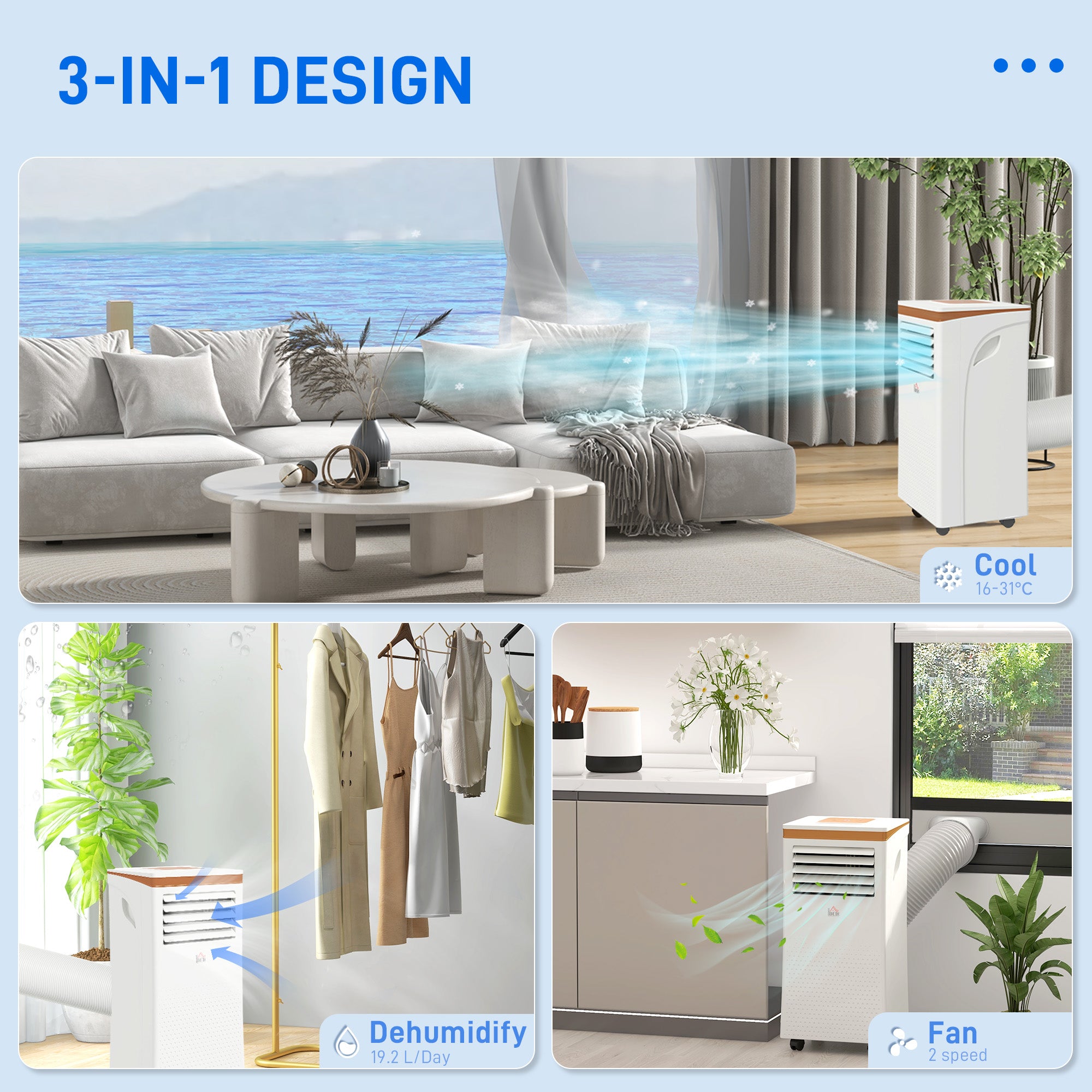 HOMCOM 9000 BTU Air Conditioning Unit, 3-in-1 Portable Air Conditioner, Dehumidifier, Cooling Fan with Remote, LED Display, 2 Speeds, 24H Timer, Window Venting Kit, 18m² - North Peak Garden Furniture