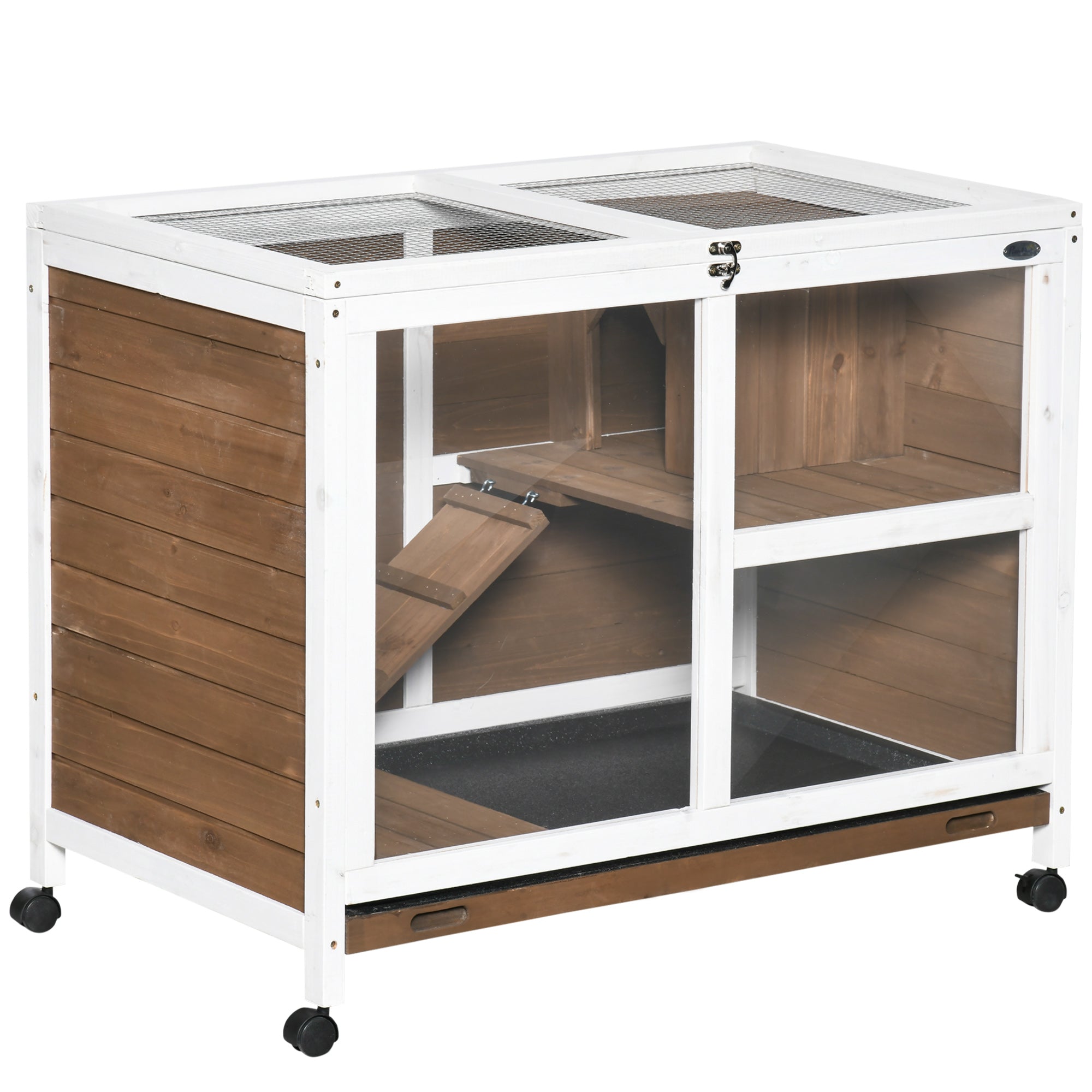 PawHut Wooden Rabbit Hutch, Bunny Cage w/ Tray, Ramp, Openable Roof, Wheels, 91.5 x 53.3 x 73cm - Brown - North Peak Garden Furniture