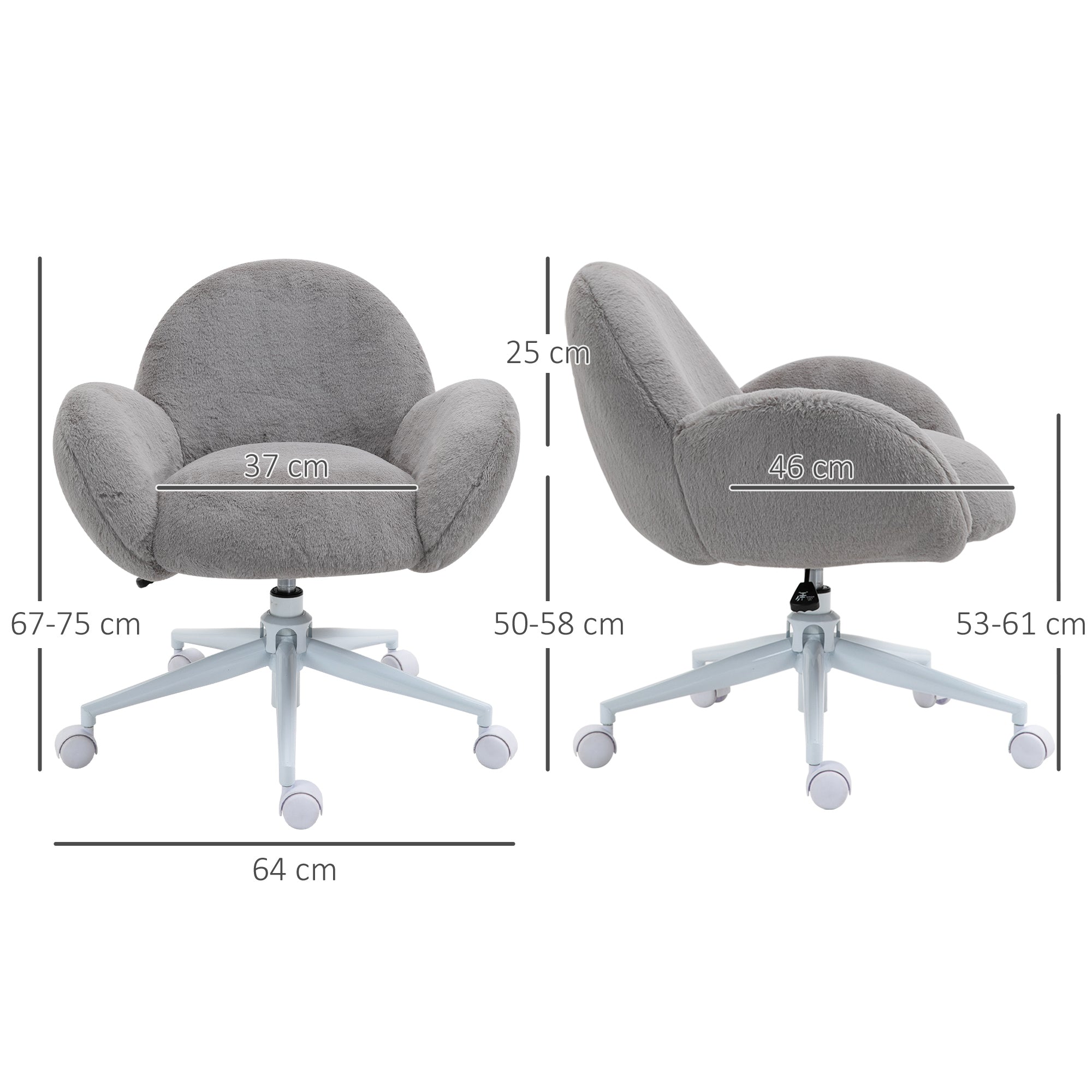 HOMCOM Makeup Vanity Chair, Cute Fluffy Desk Chair with Rolling Wheels for Bedroom Living Room, Grey - North Peak Garden Furniture