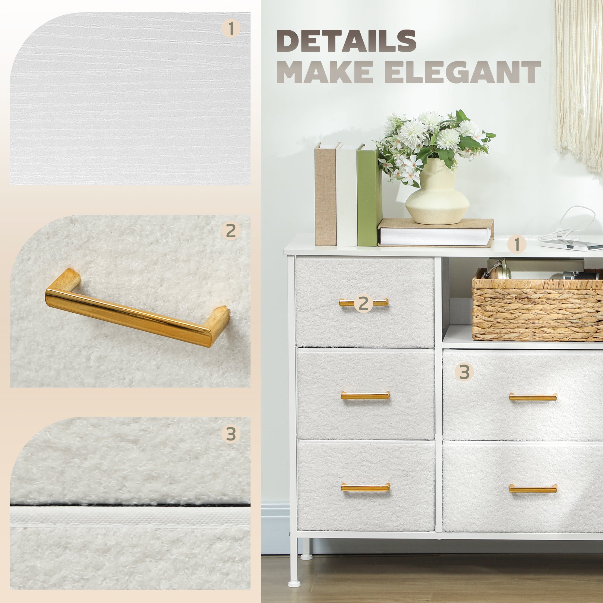 HOMCOM Boucle Chest of Drawers, 8 Fabric Drawers Storage Organiser with Charging Station, 2 USB and 2 AC Ports, Steel Frame, Fabric Dresser for Living Room, Bedroom, Hallway, Cream White - North Peak Garden Furniture
