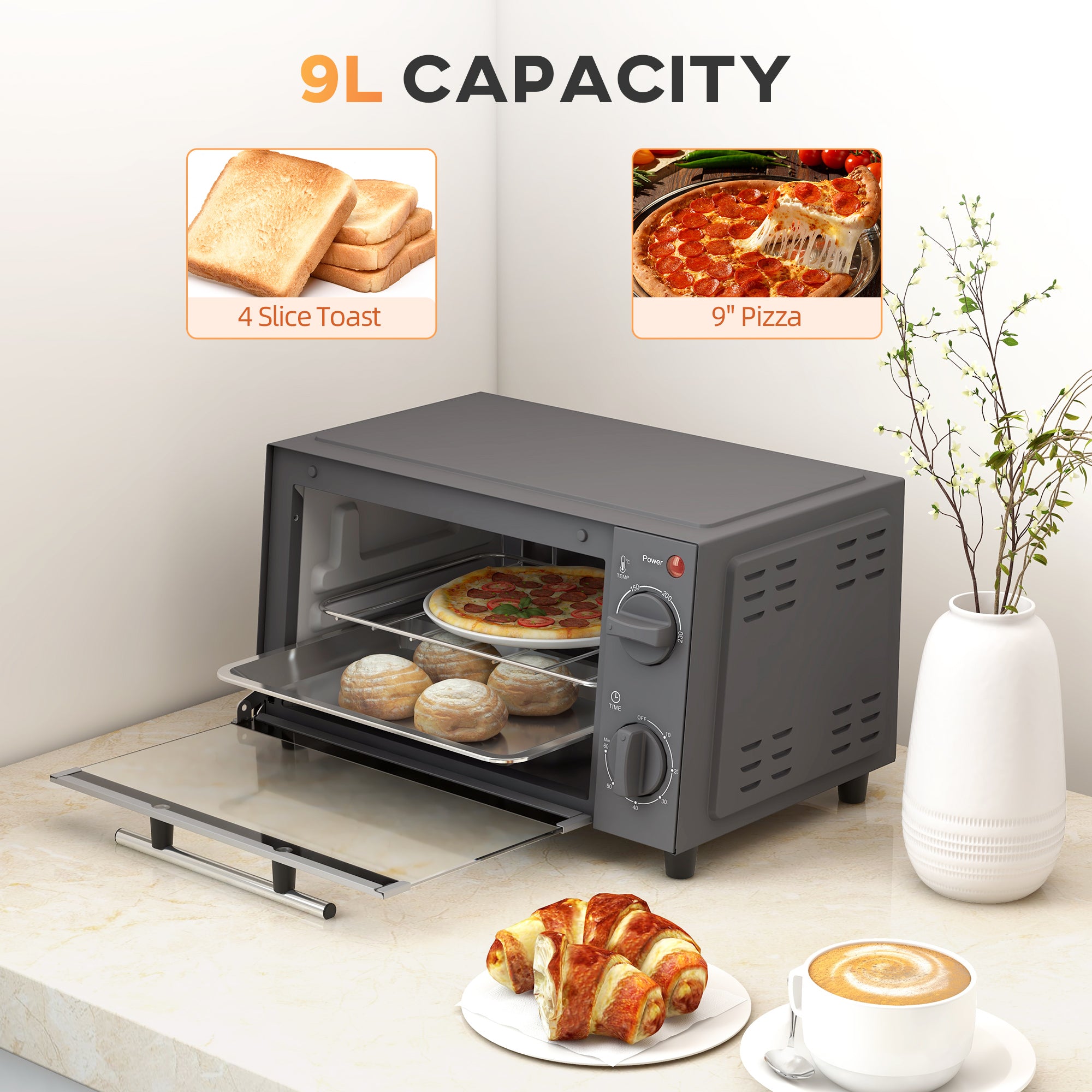 HOMCOM Mini Oven, 9L Countertop Electric Grill, Toaster Oven with Adjustable Temperature, Timer, Dishwasher Safe Baking Tray and Wire Rack, 750W, Grey - North Peak Garden Furniture