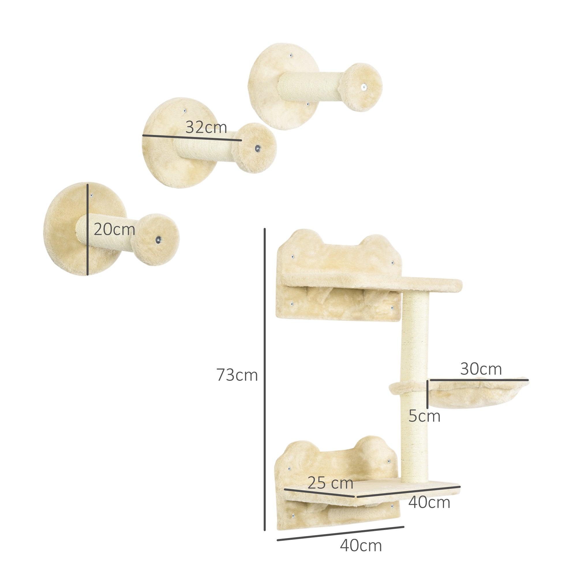PawHut 4 Piece Cat Shelf with Scratching Post, Wall-Mounted Cat Tree for Indoor Cat - Beige - North Peak Garden Furniture