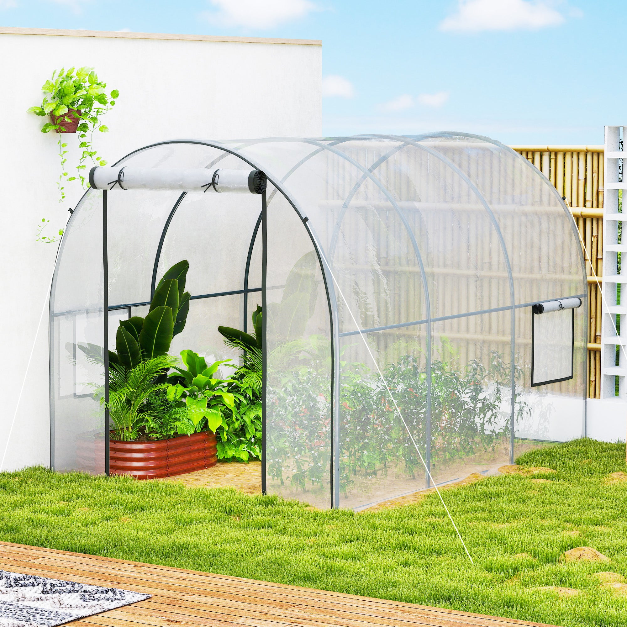 Outsunny Polytunnel Greenhouse Walk-in Grow House with Plasric Cover, Door, Mesh Window and Steel Frame, 3 x 2 x 2m, Clear