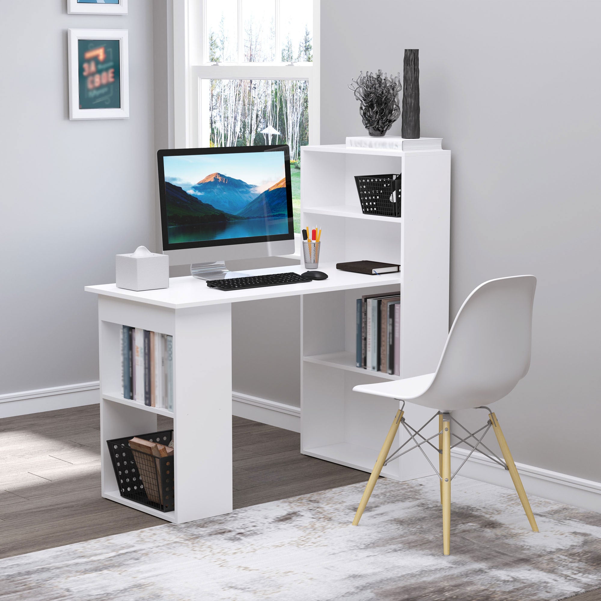 HOMCOM 120cm Modern Computer Desk Bookshelf Study Table Workstation PC Laptop Writing Home Office 6 Shelves White - North Peak Garden Furniture