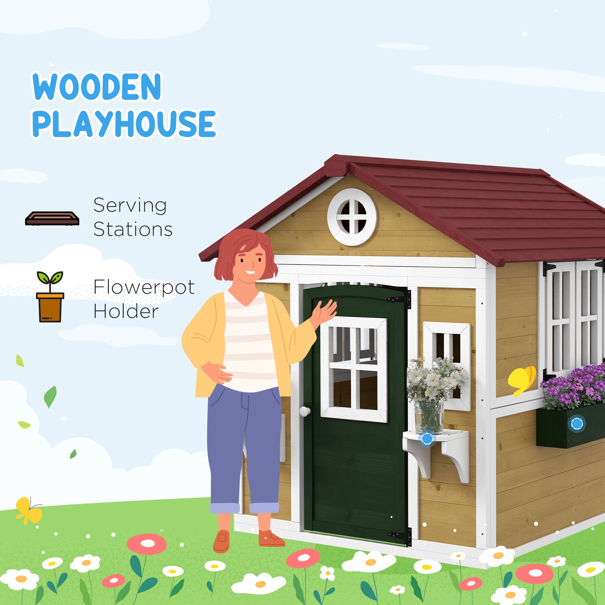 Outsunny Wooden Playhouse with Doors, Windows, Plant Pots, Boxes, for 3-8 Years - Beige - North Peak Garden Furniture