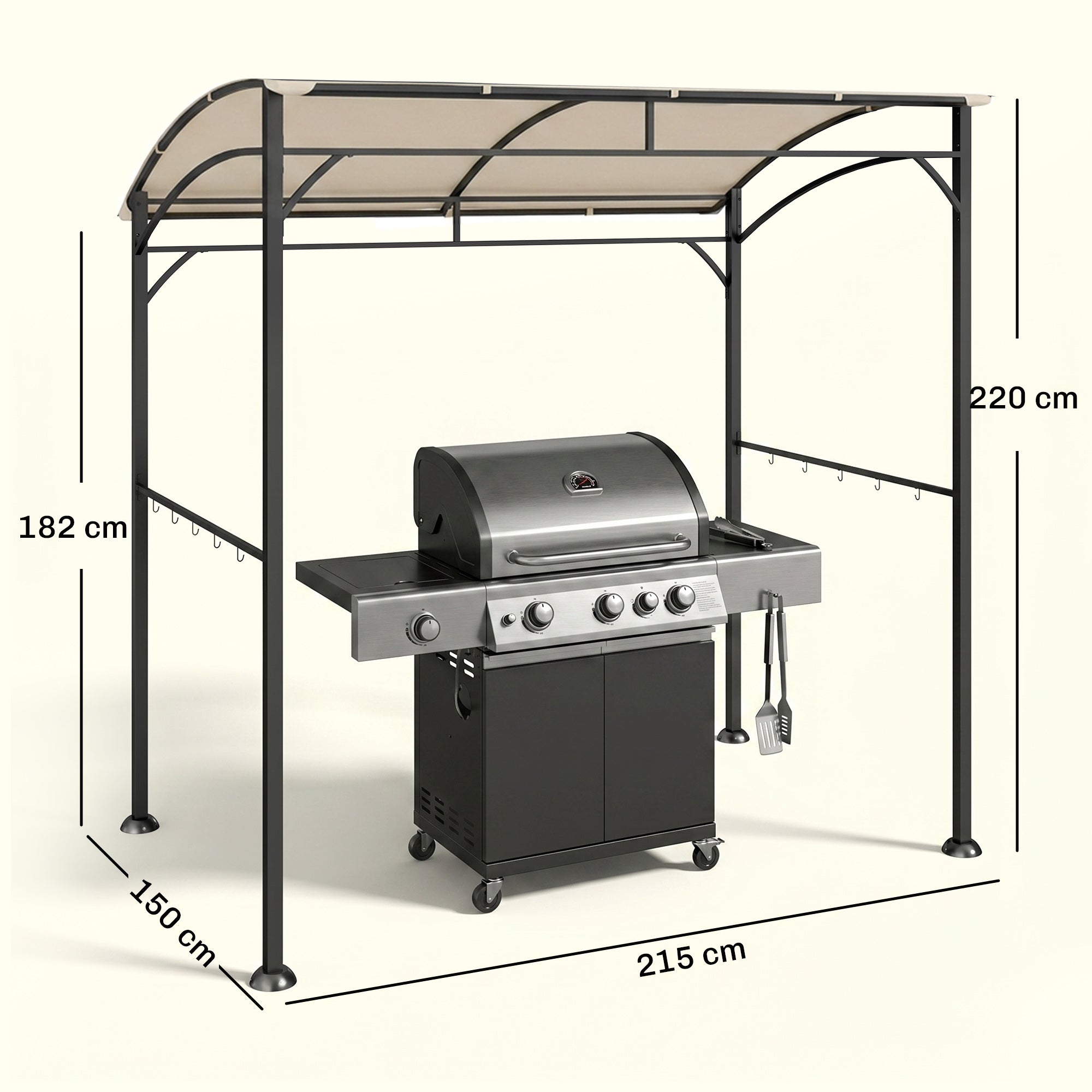 Outsunny 2.2 x 1.5 m BBQ Grill Gazebo Tent, Garden Grill with Metal Frame, Curved Canopy and 10 Hooks, Outdoor Sun Shade, Beige