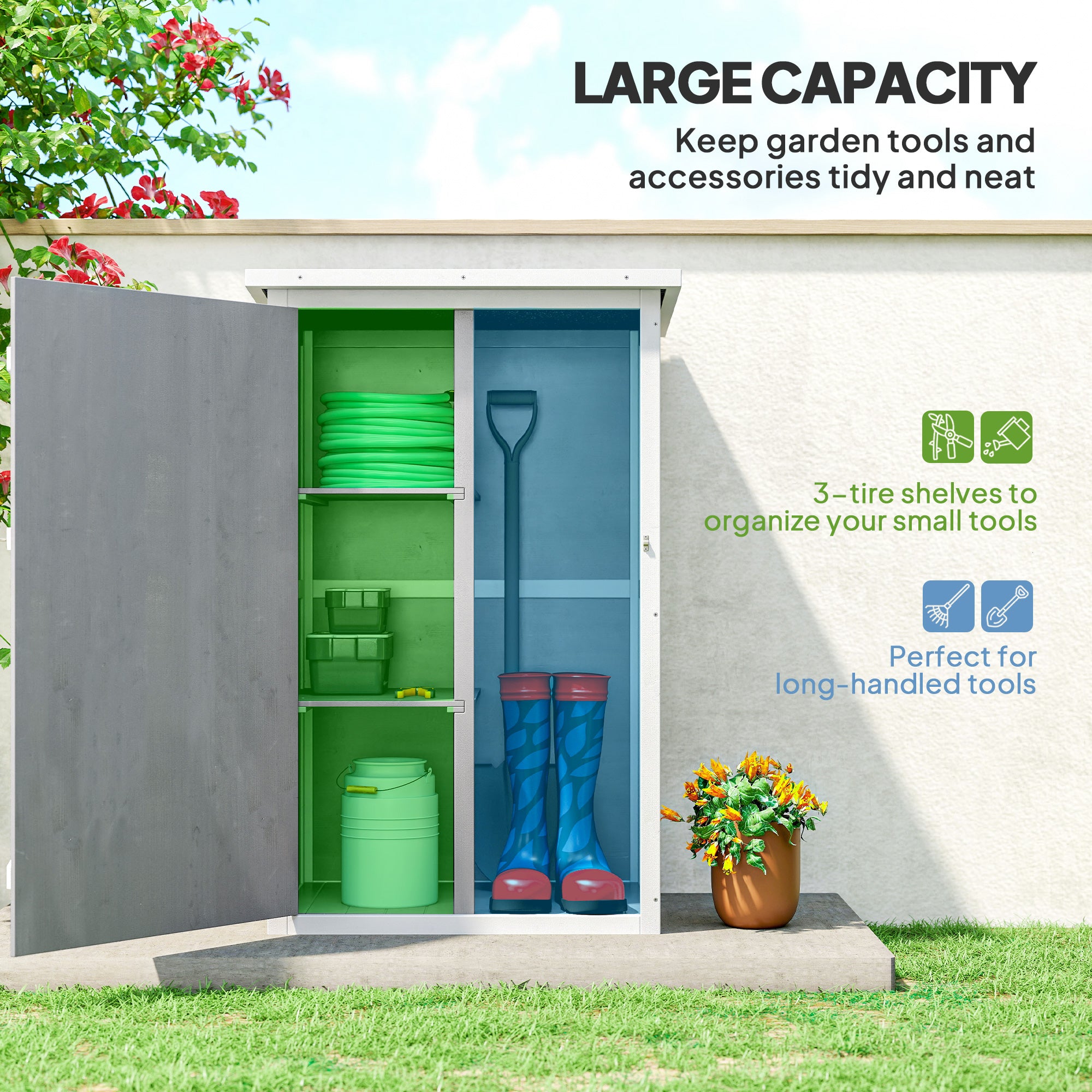 Outsunny Garden Shed Wooden Garden Storage Shed Fir Wood Tool Cabinet Organiser with Shelves 75L x 56W x115Hcm Grey
