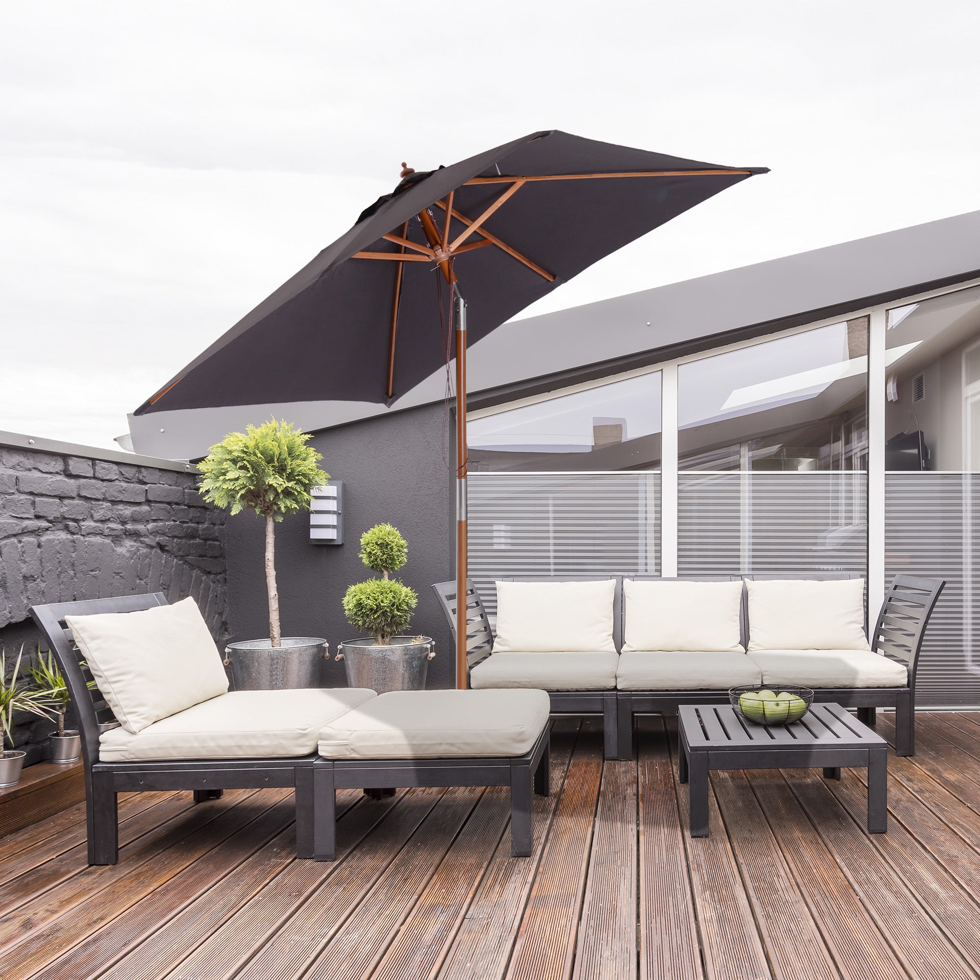 Outsunny 2m x 1.5m Garden Parasol Umbrella with Tilting Sunshade Canopy, Outdoor Market Table Umbrella with Wood and Bamboo Frame, Grey - North Peak Garden Furniture