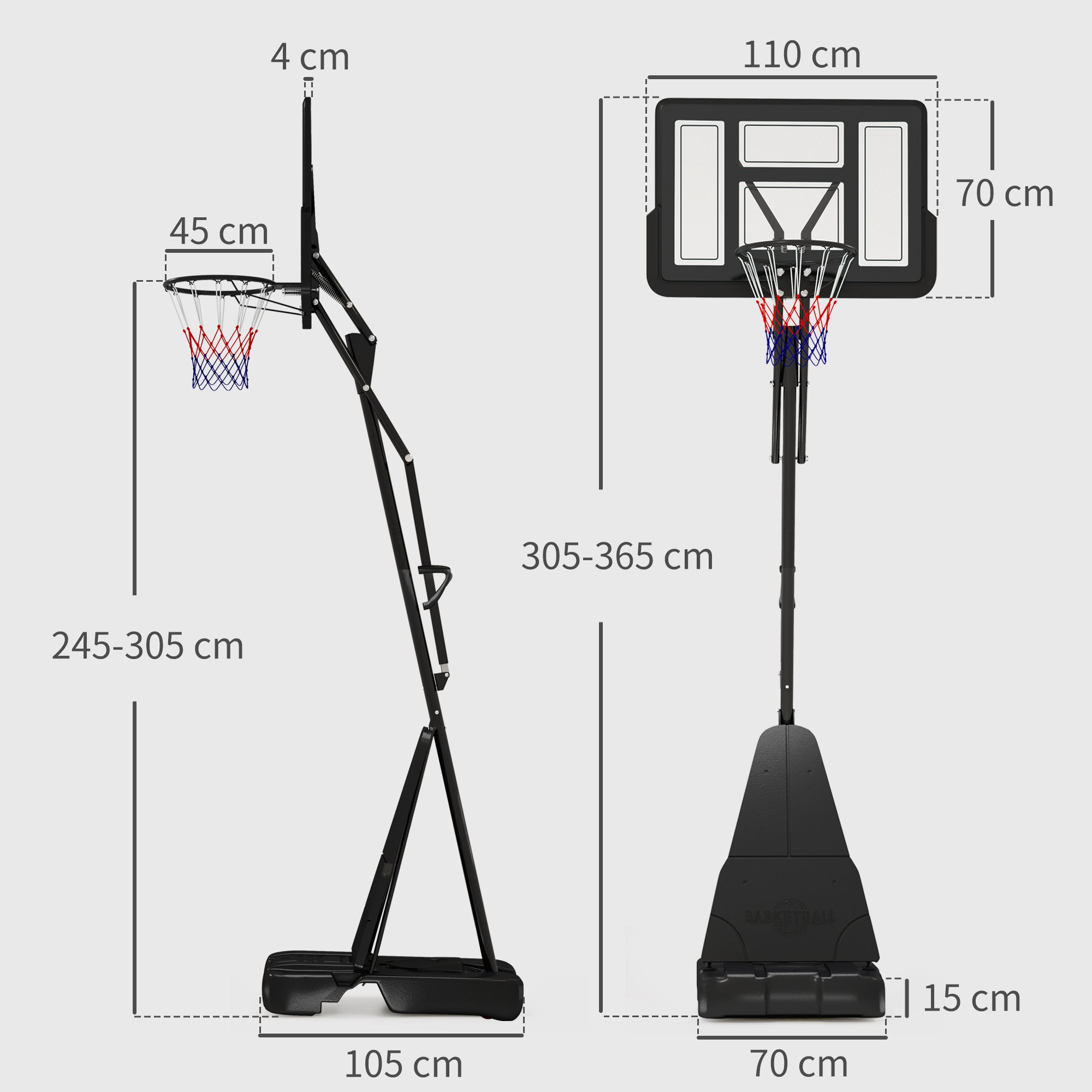 SPORTNOW Basketball Hoop Outdoor, Height Adjustable Basketball Hoop and Stand with Rebound System, Weighted Base, Portable on Wheels, 2.45-3.05m, for Teens, Juniors, Adults, Black