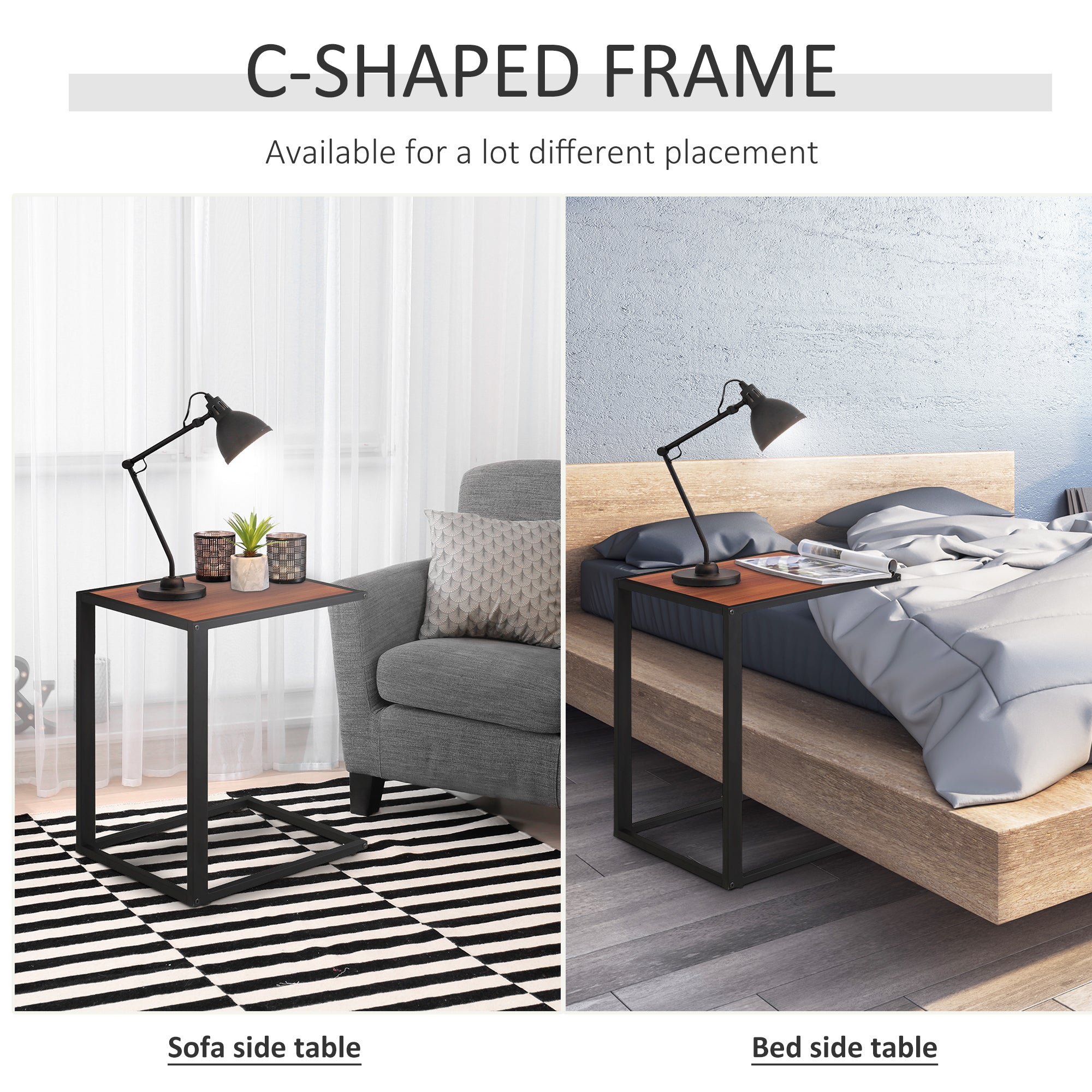 HOMCOM C-Shaped Side Table, Sofa End Table with Metal Frame, Accent Couch Table for Living room, Bedroom, Walnut and Black - North Peak Garden Furniture