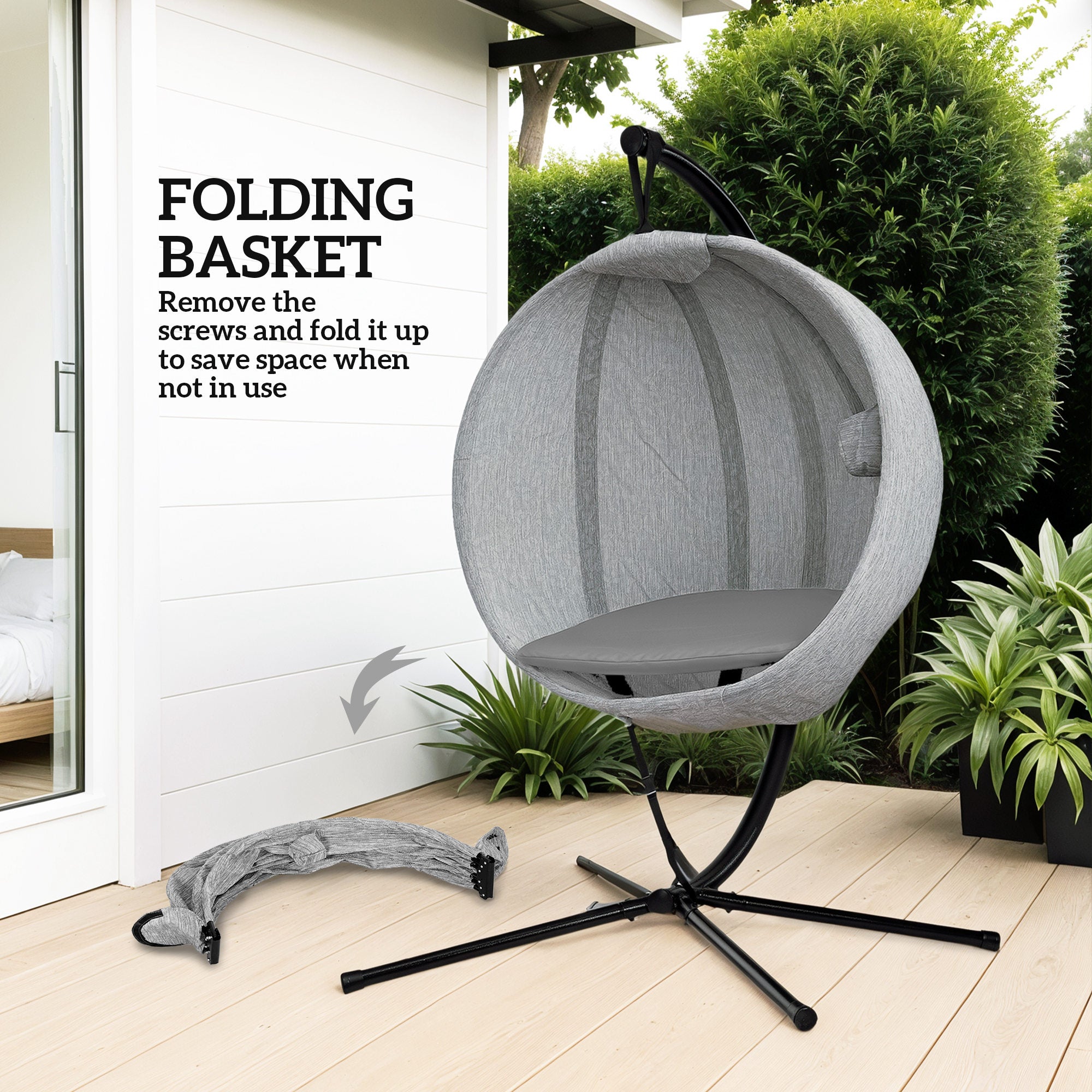 Outsunny Hanging Egg Chair Outdoor Indoor Garden Swing Chair with Folding Basket, Garden Hanging Chair with Stand, Thickened Cushion, Cup Holder for Patio, Balcony, Grey - North Peak Garden Furniture