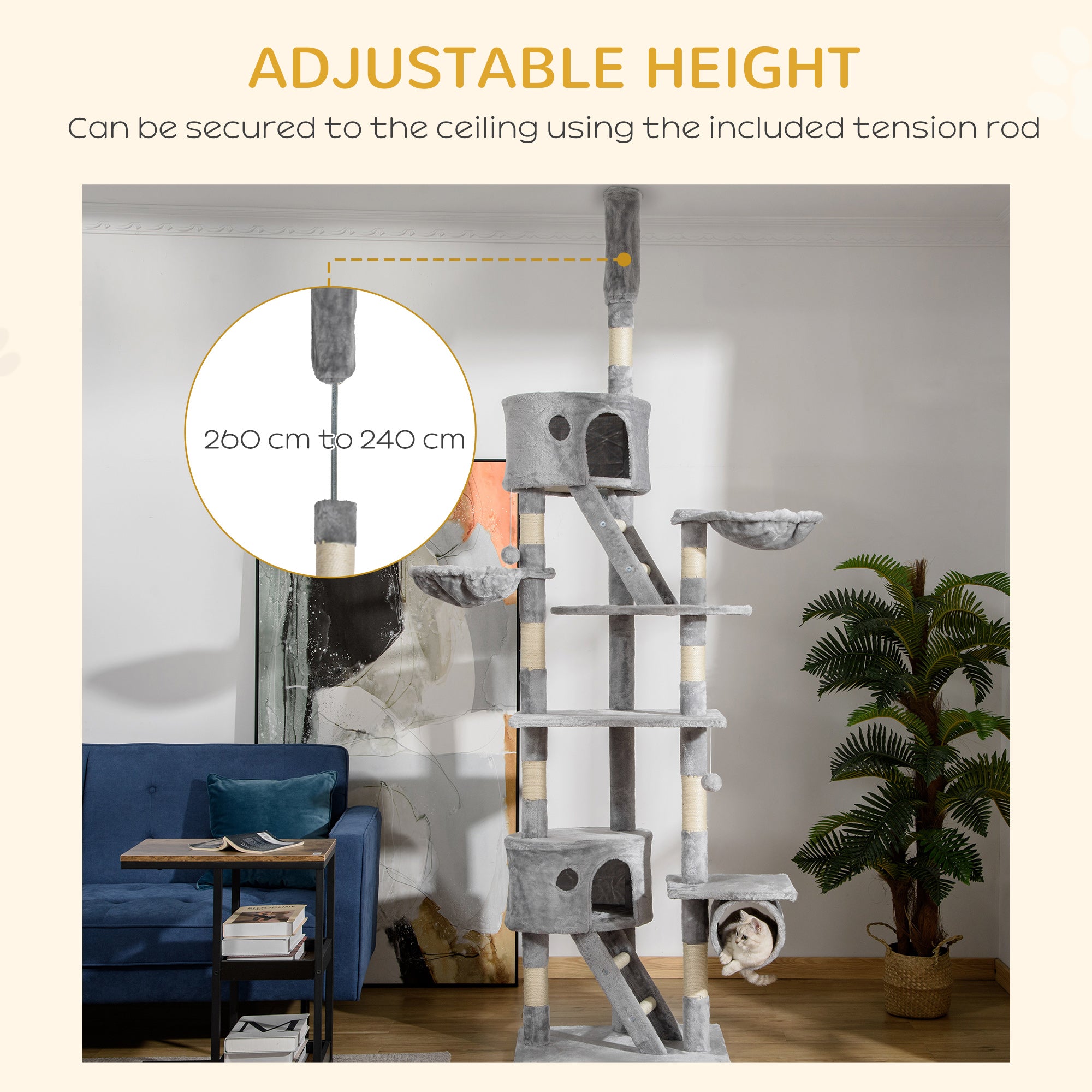 PawHut Floor to Ceiling Cat Tree for Indoor Cats, 240-260cm, Adjustable Height - Light Grey - North Peak Garden Furniture