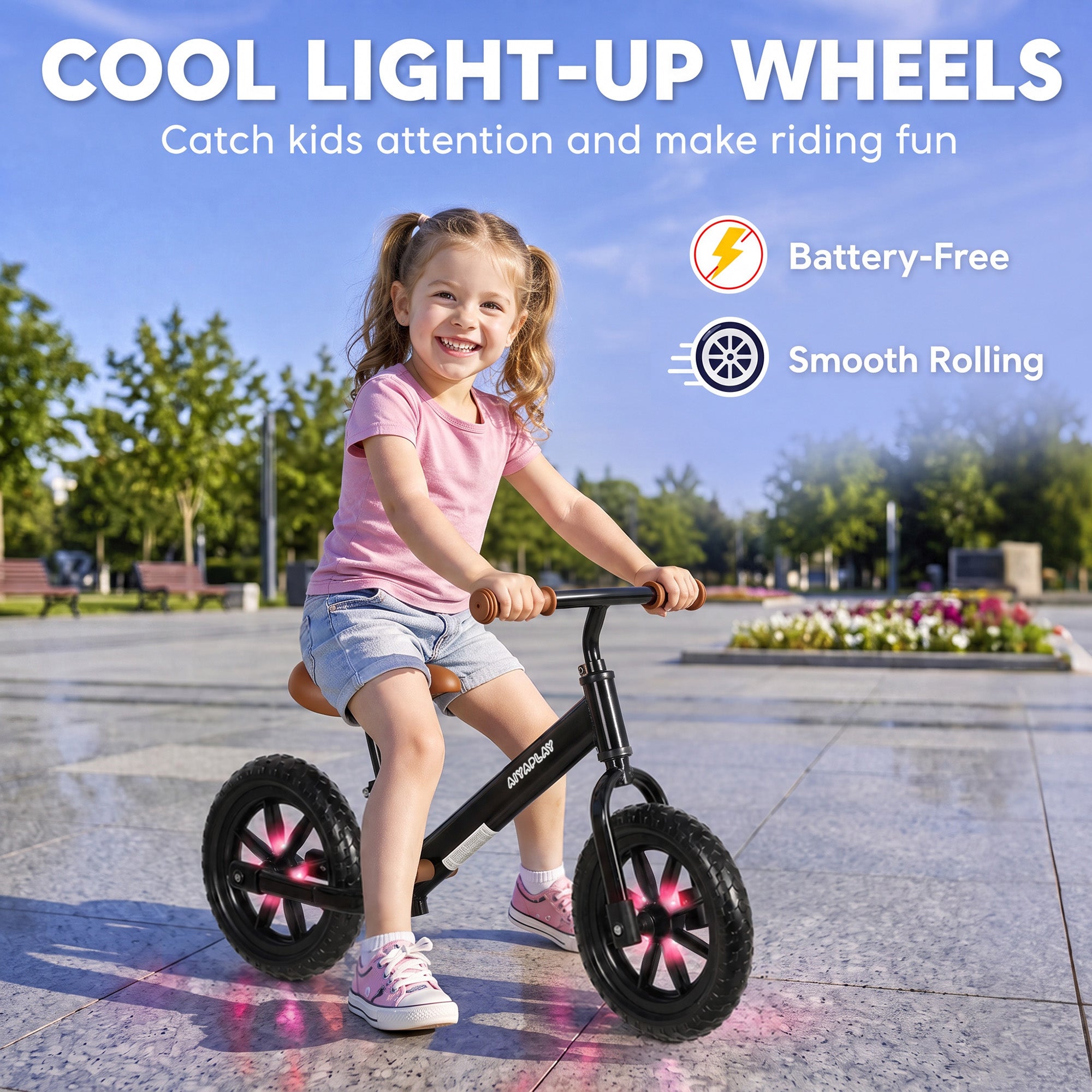 AIYAPLAY 11.2" Balance Bike for 2-5 Years, Toddler Bike with Lighting Wheels, Adjustable Seat & Handlebar, Black