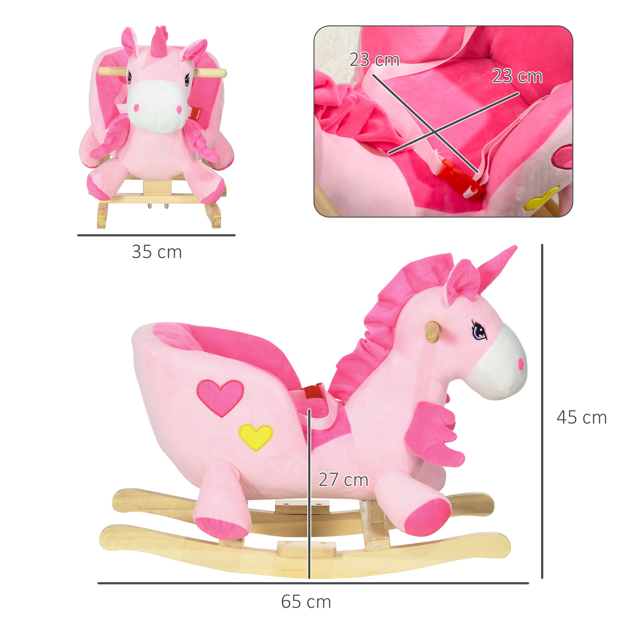 HOMCOM Kids Rocking Horse Ride on Unicorn with Songs, Wooden Base, Seatbelt, for Ages 18-36 Months, Pink - North Peak Garden Furniture