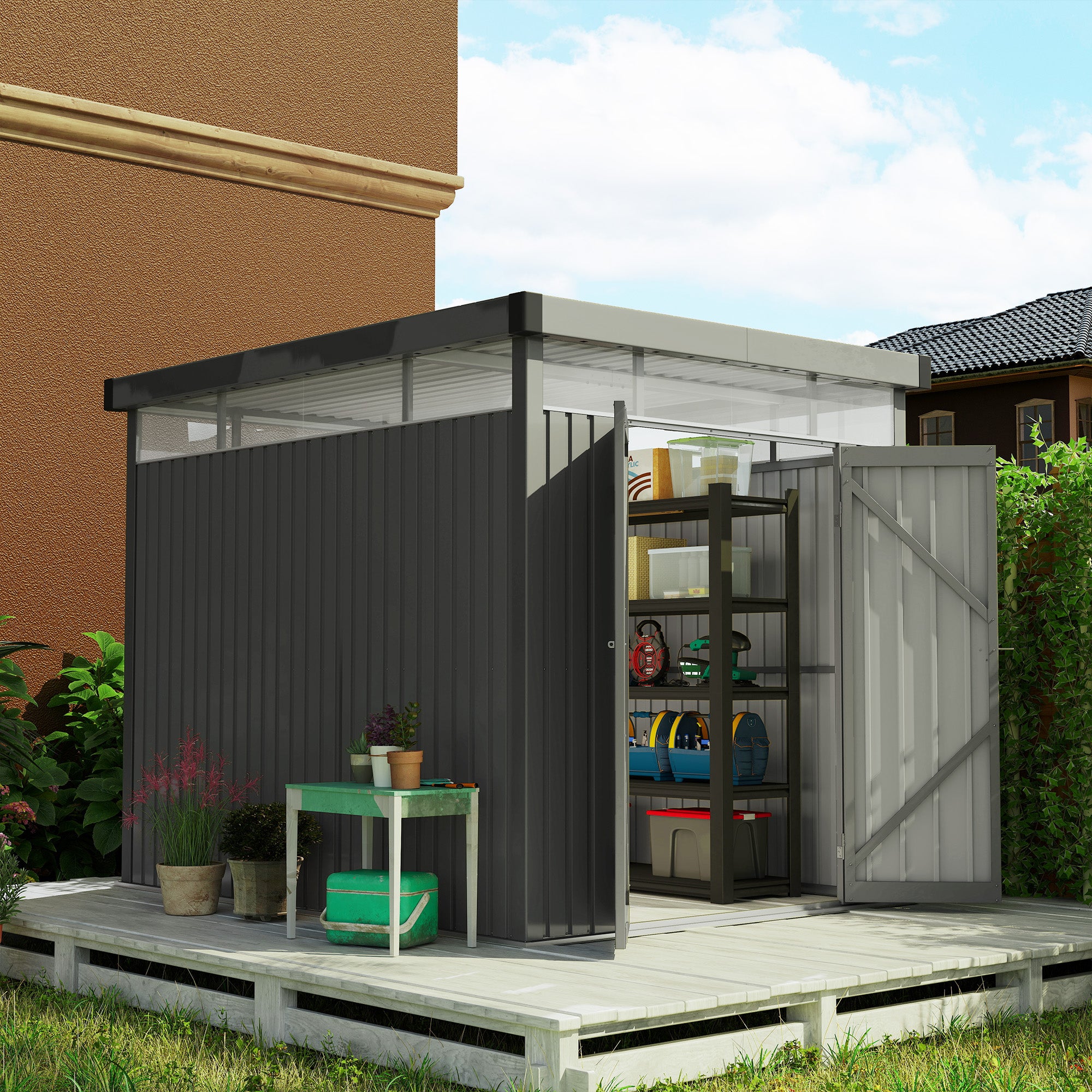 Outsunny 5.3 x 8.5ft Galvanised Steel Garden Shed, Metal Shed with Roof Windows, Leakage Holes and Lockable Wide Door for Outdoor Patio Tool Storage