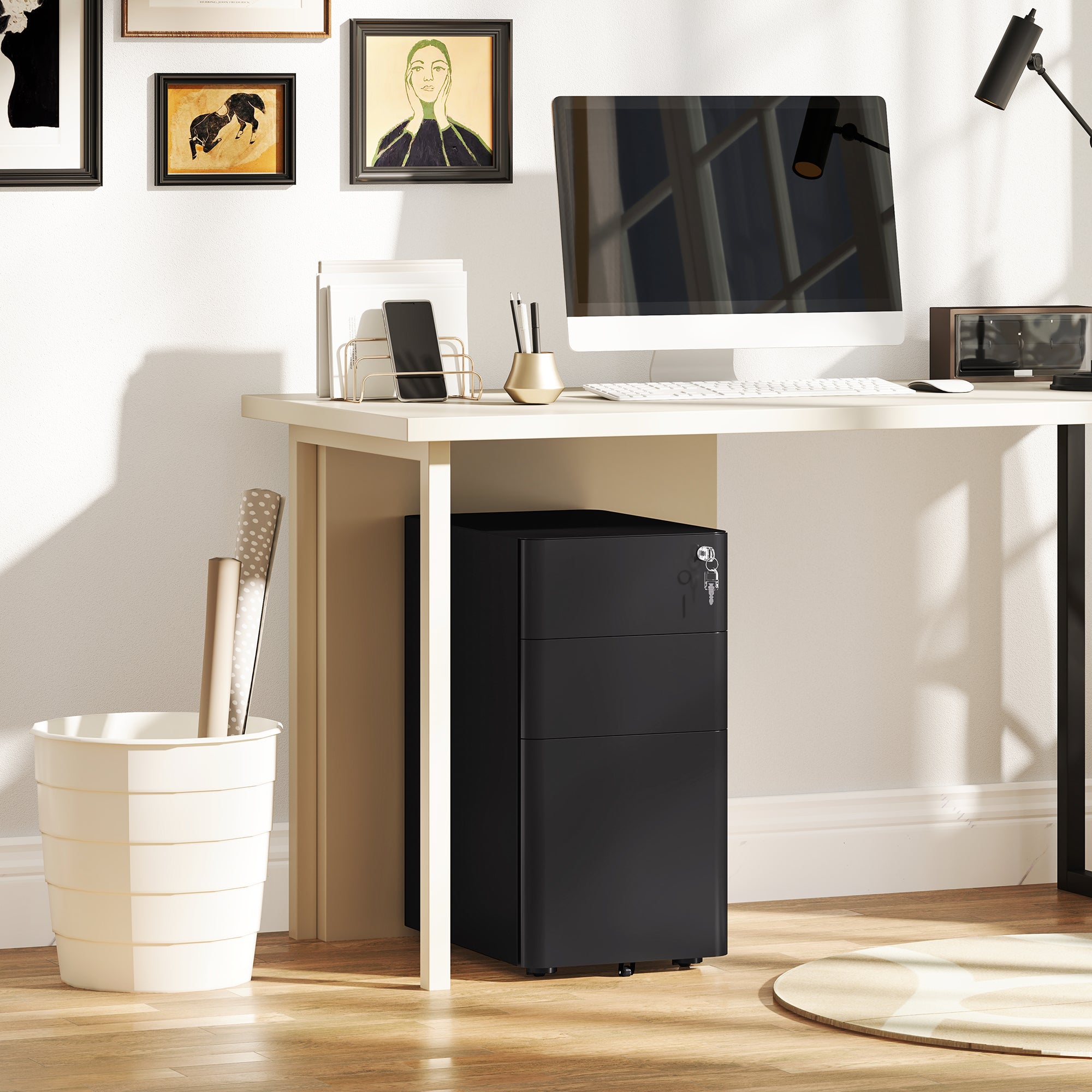 Vinsetto 3-Drawer Steel Filing Cabinet with Lock - Black - North Peak Garden Furniture
