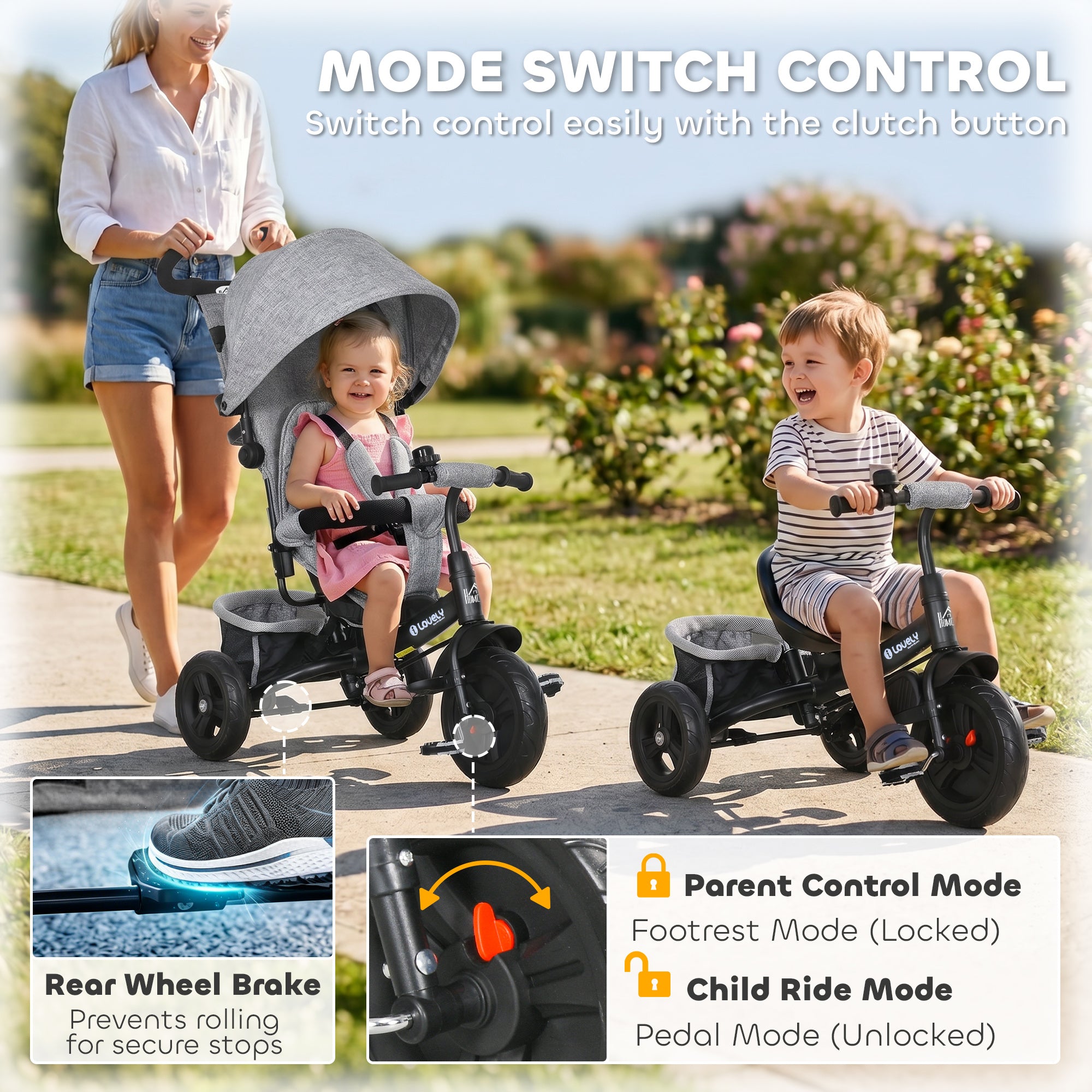 HOMCOM 6 in 1 Kids Trike Push Bike w/ Push Handle, Canopy, 5-point Safety Belt, Storage, Footrest, Brake, for 1-5 Years, Grey