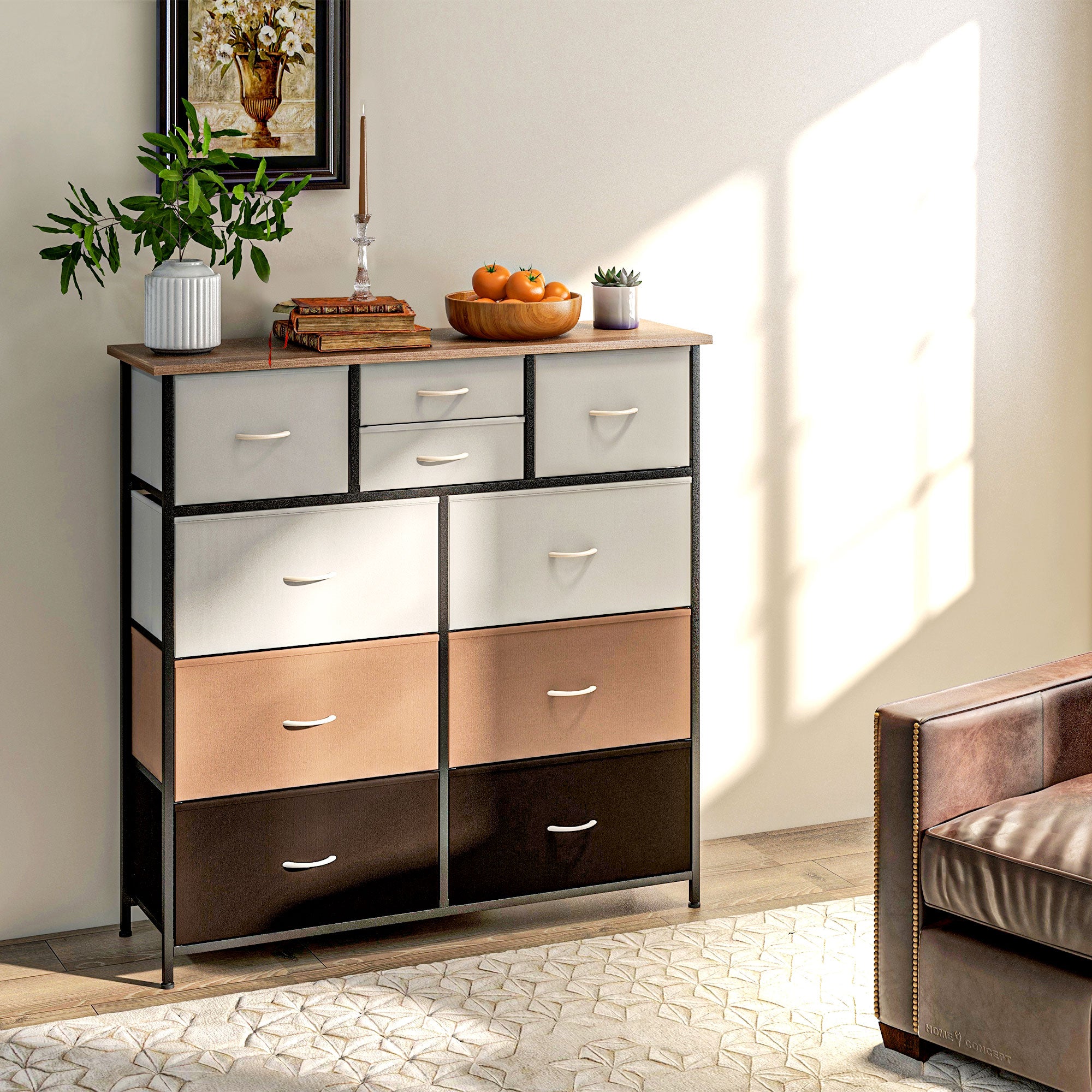 HOMCOM Bedroom Chest of Drawers, 10 Drawer Dresser with Foldable Fabric Drawers and Steel Frame, Multicolour - North Peak Garden Furniture