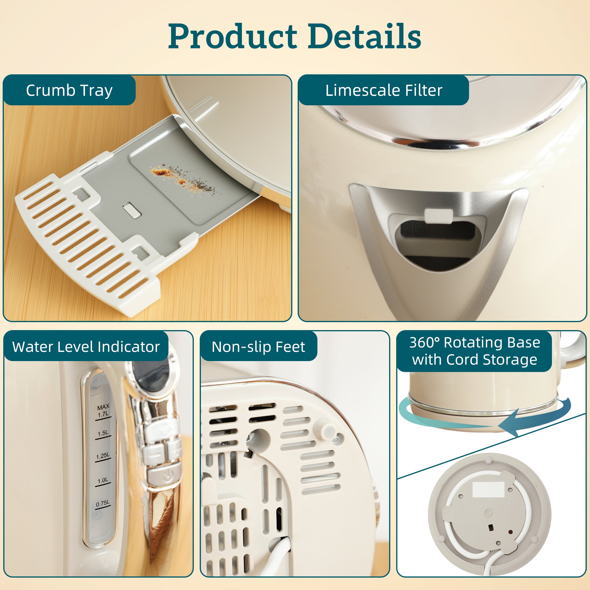 HOMCOM Polished Retro 40-100°C Kettle and Toaster Set - Cream