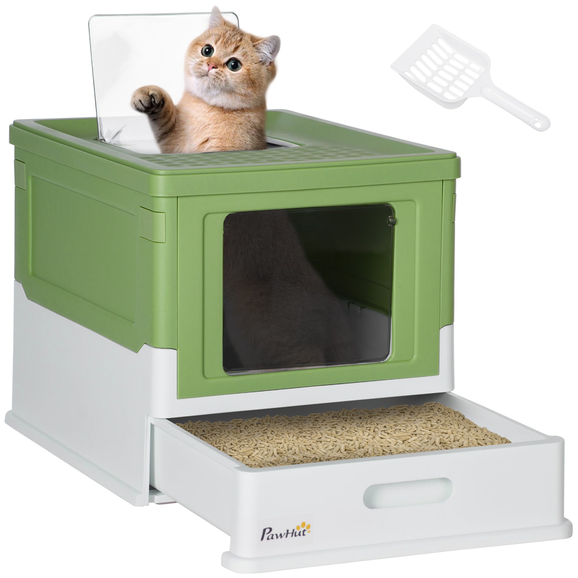 PawHut Hooded Cat Litter Box, Portable Pet Toilet, with Scoop, Front Entry - Light Green - North Peak Garden Furniture