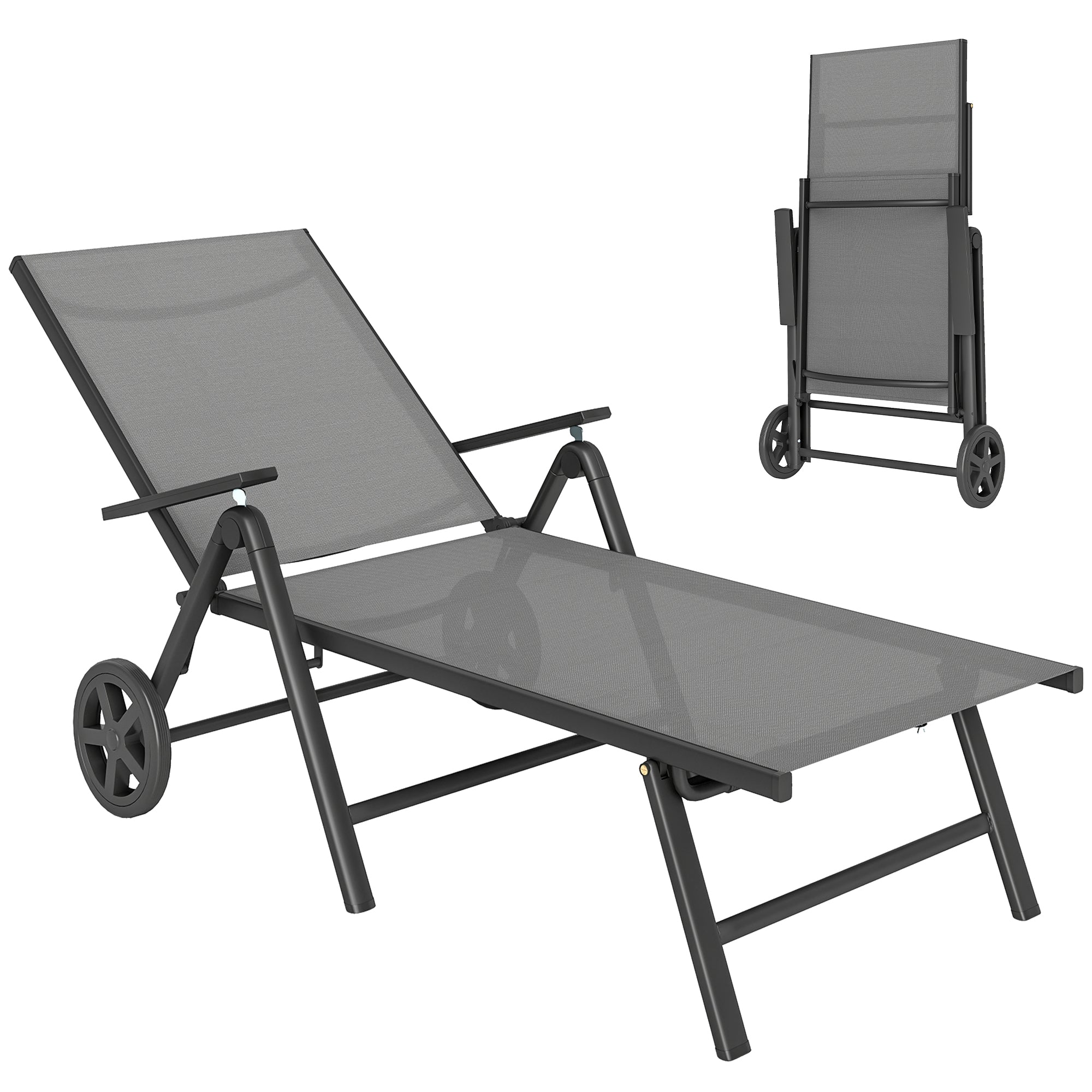 Outsunny Folding Sun Lounger with Wheels, 5-Position Adjustable Garden Chaise Lounge Sunbed with Armrests, Metal Frame Outdoor Portable Reclining Chair for Beach, Porch, Grey