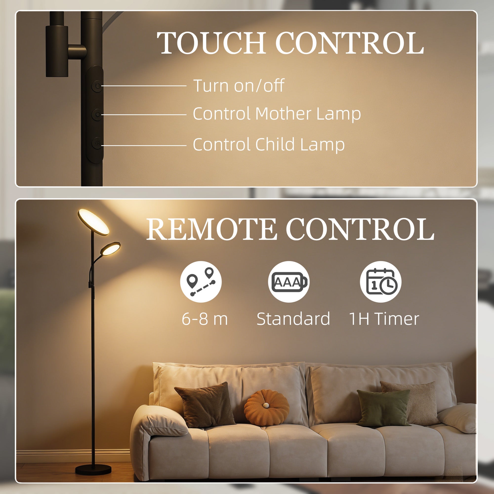 HOMCOM Mother and Child Uplighter Floor Lamp for Living Room, Stepless Dimmable Standing Lamp with Reading Light, 4 Scene Modes, 2700K-6500K Colour Temps, 4 Brightness Levels, Remote Control, Black
