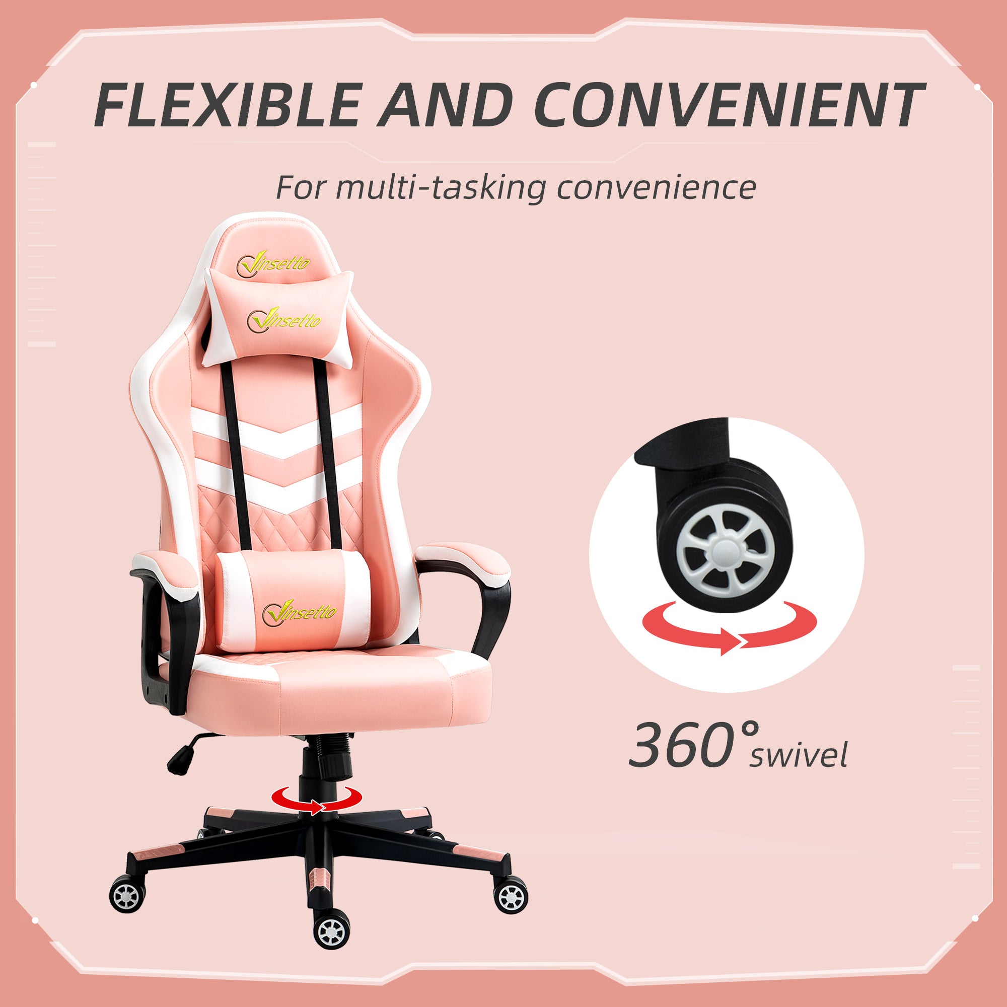 Vinsetto Gaming Chair, Computer Desk Chair with Lumbar Support, Faux Leather Racing Chair with Headrest and Swivel Wheels for Home Office, Pink - North Peak Garden Furniture