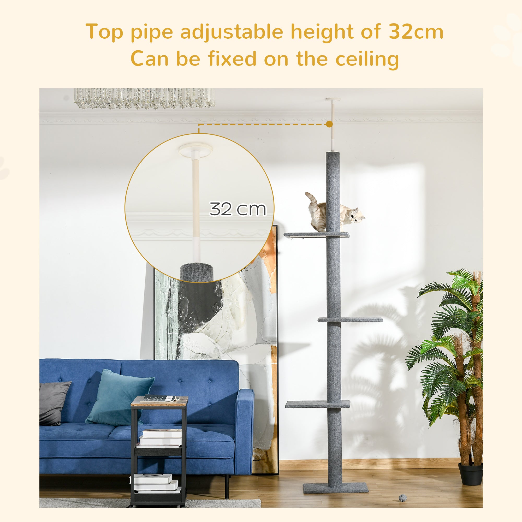 PawHut 260cm Floor To Ceiling Cat Tree for Indoor Cats w/ Three Platforms Activity Centre - Grey