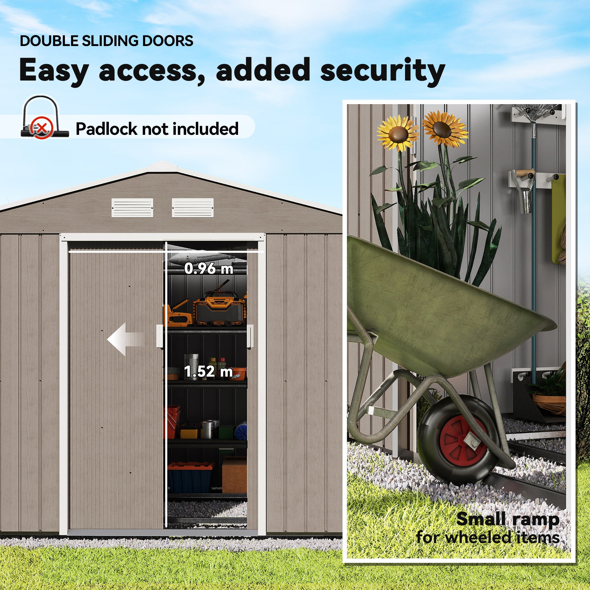 Outsunny 9 x 6ft Garden Metal Storage Shed, Outdoor Storage Tool House with Vents, Foundation and Lockable Double Doors, Brown