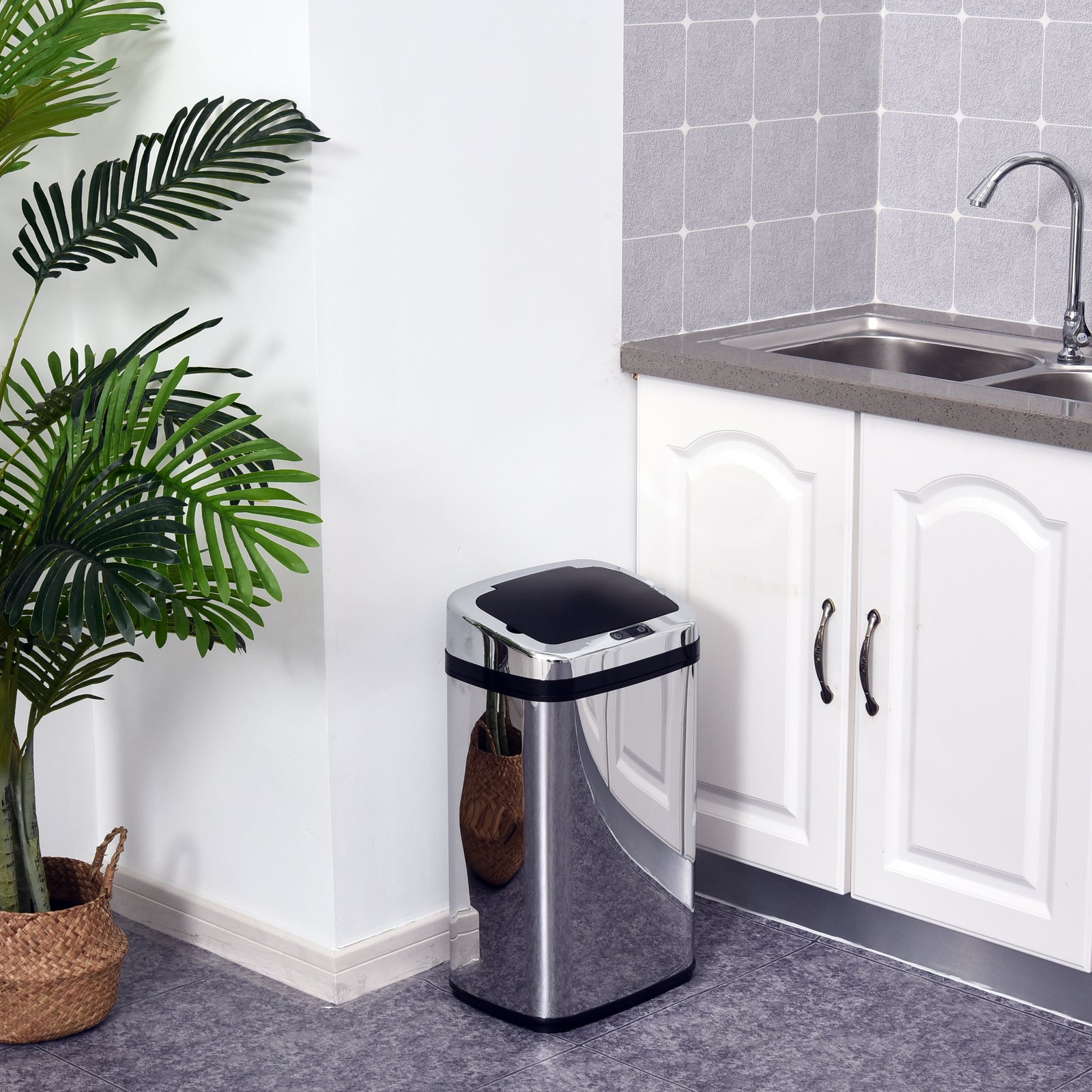 HOMCOM 30L Stainless Steel Motion Sensor Lid Bin - Silver Tone - North Peak Garden Furniture