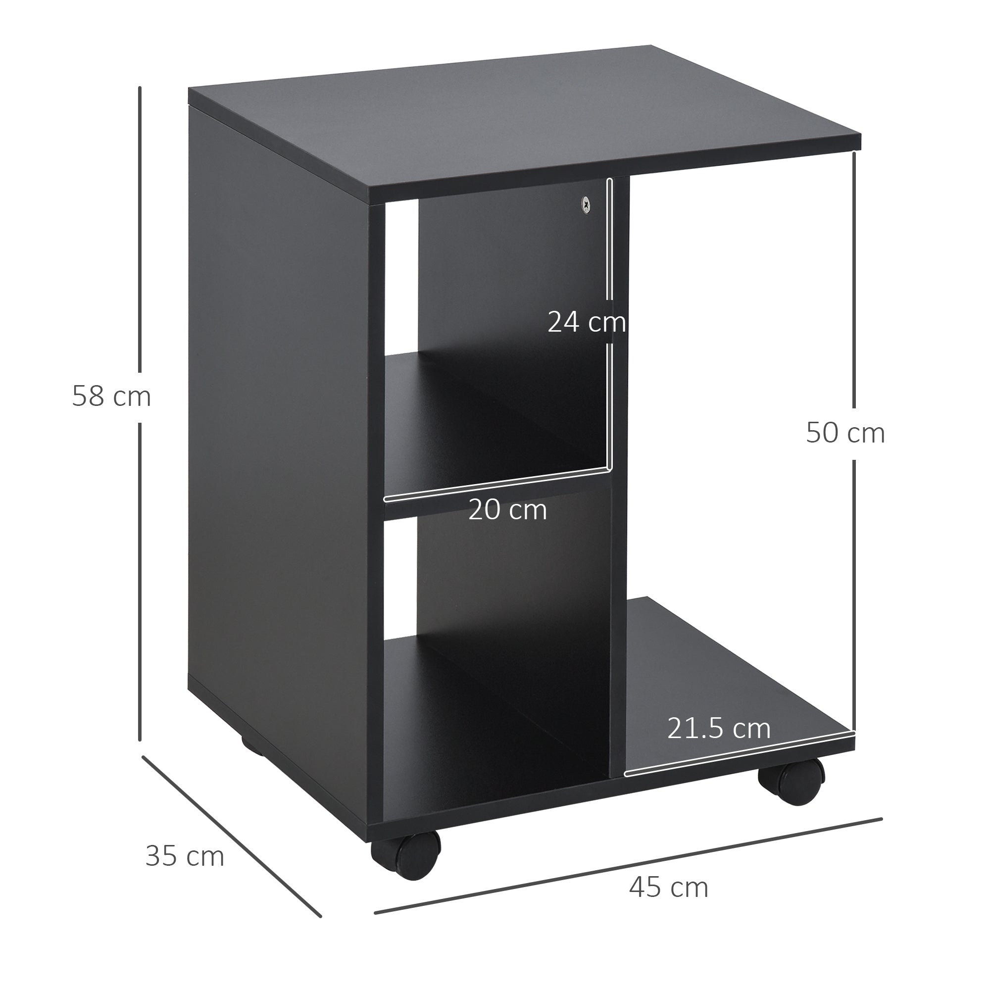 HOMCOM C-Shape End Table Unique Storage Unit w/ 2 Shelves 4 Wheels Freestanding Home Furniture Cabinet Square Black - North Peak Garden Furniture