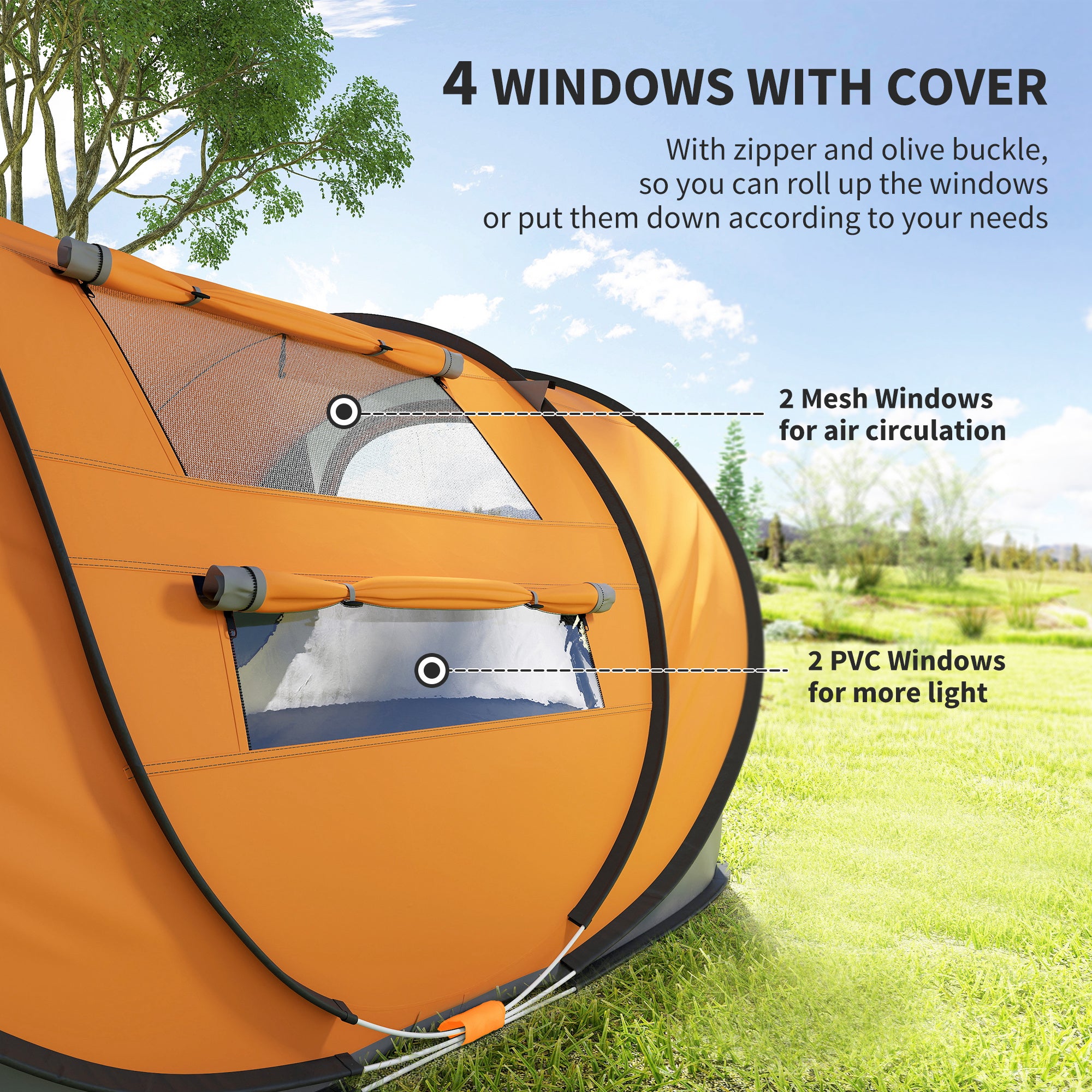Outsunny 4-5 Person Pop-up Camping Tent Waterproof Family Tent w/ 2 Mesh Windows & PVC Windows Portable Carry Bag for Outdoor Trip, Orange