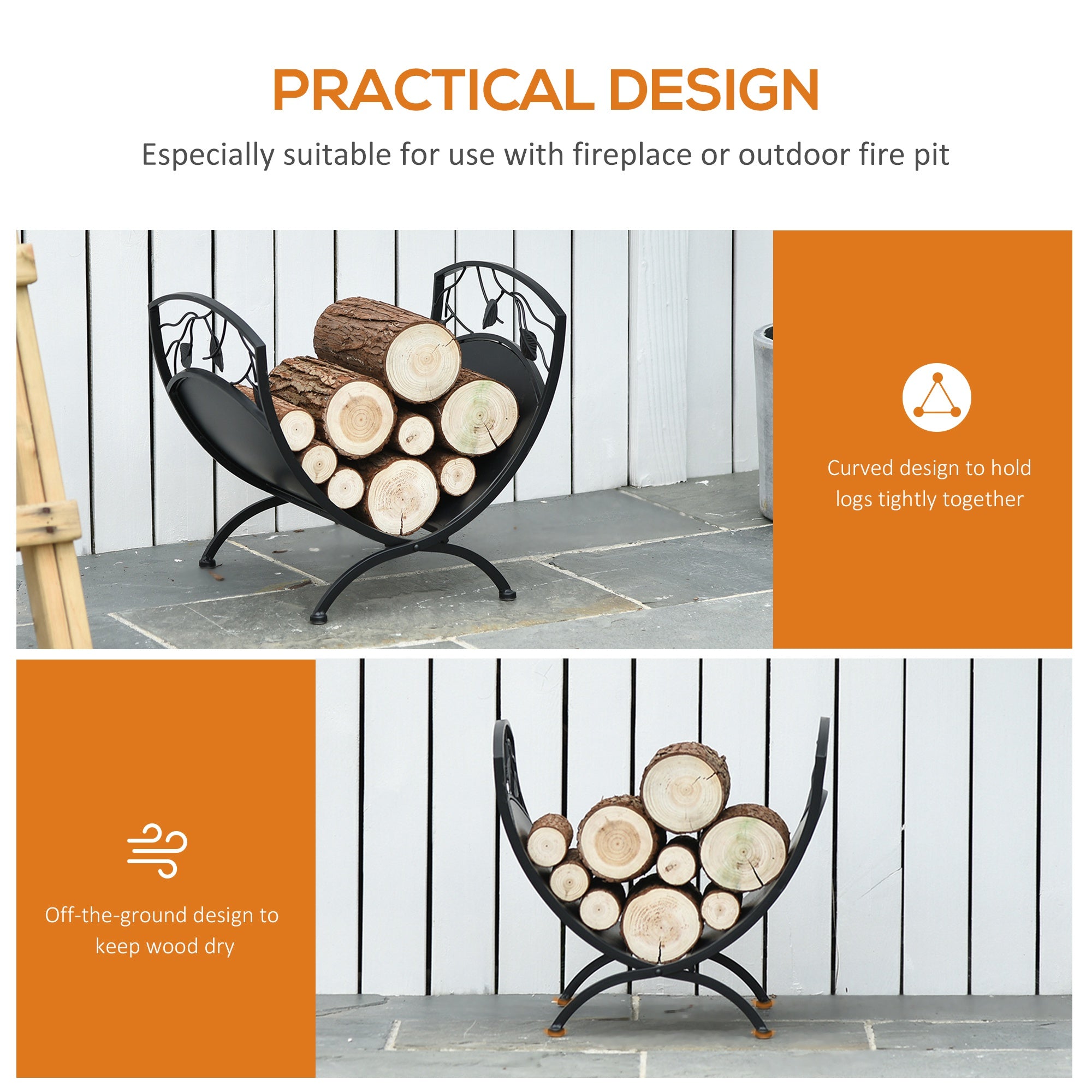Outsunny Metal Arced Firewood Log Holder Indoor Outdoor Folding Firewood Rack Fireplace Wood Storage Shelf w/ Leaf Pattern Design, Black, 43.5W x 36.5D x 41H cm - North Peak Garden Furniture