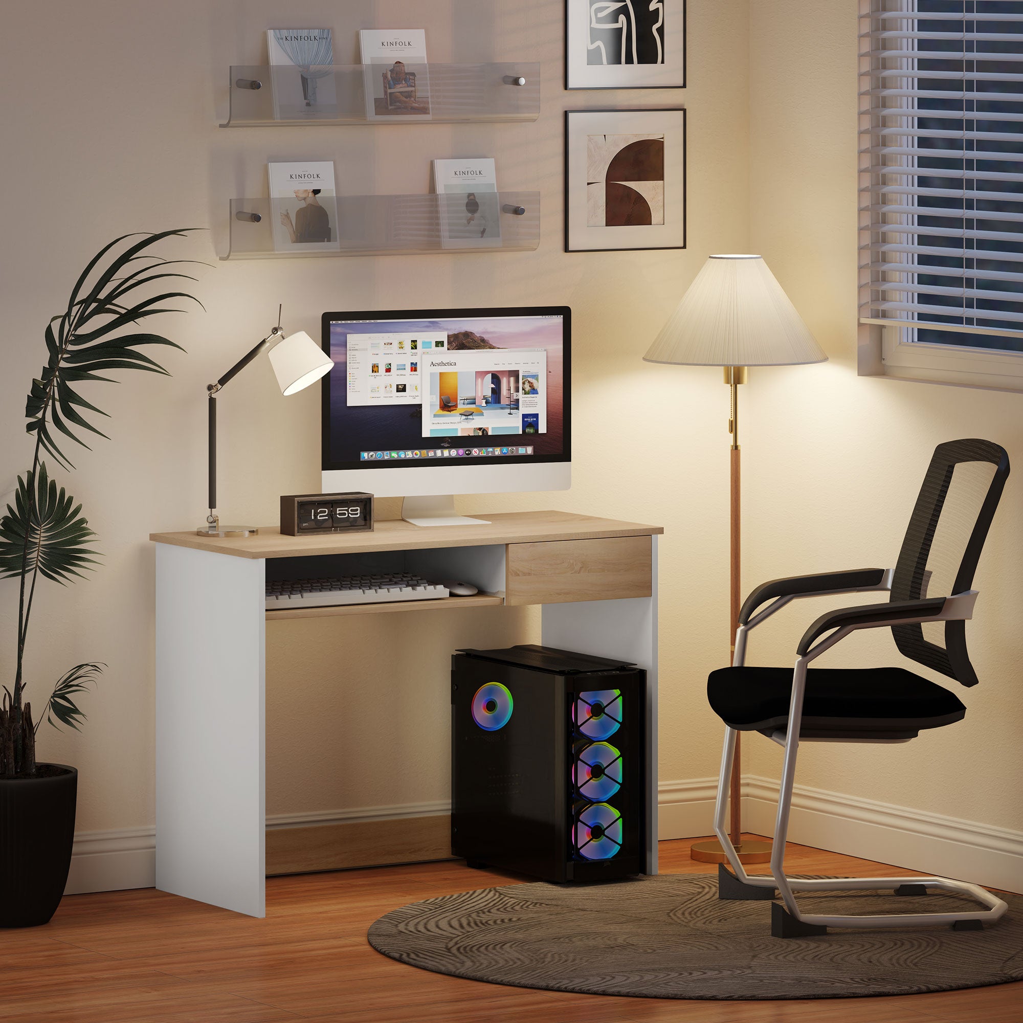 HOMCOM 100cm Compact Computer Desk with Keyboard Tray, Home Office Desk with Drawer for Bedroom Study, Oak - North Peak Garden Furniture