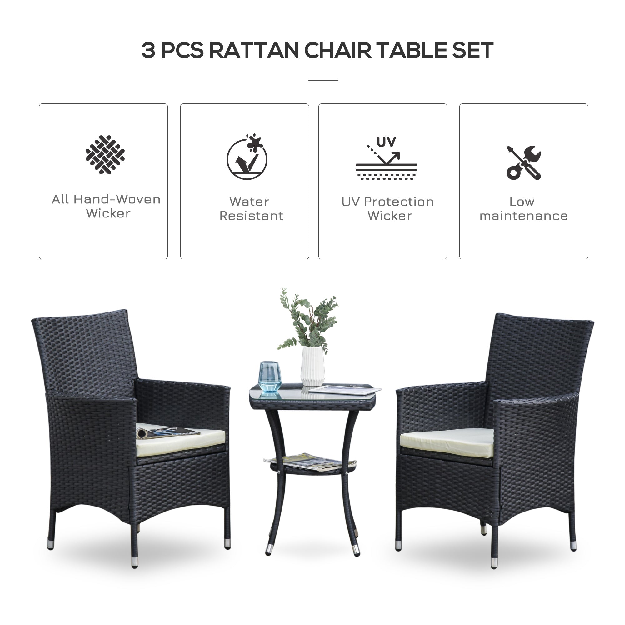 Outsunny Rattan Bistro Set: 3 Piece Garden Furniture with Weave Chairs & Table, Conservatory Patio Suite, Jet Black