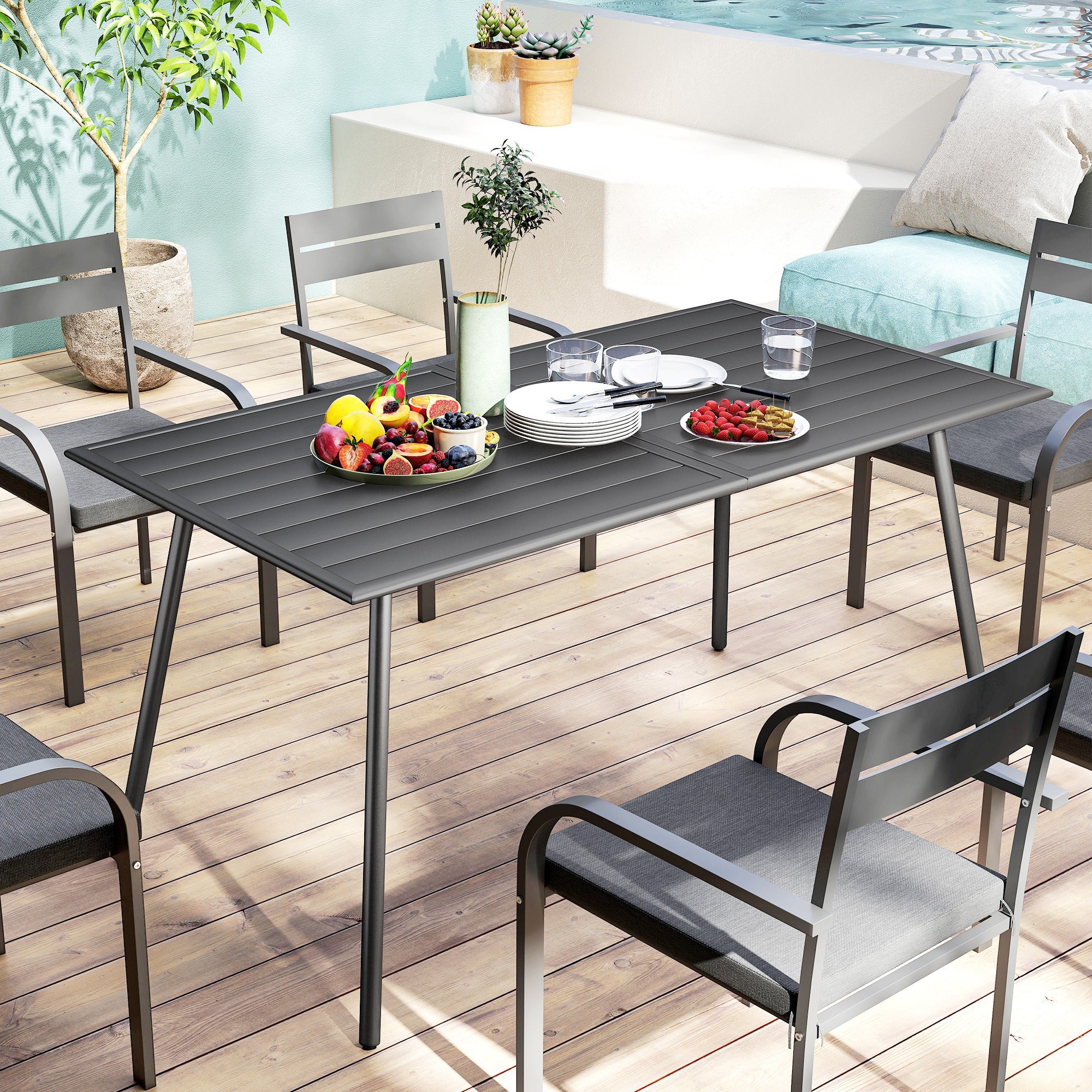 Outsunny Rectangle Garden Table with Slat Top, Steel Frame, Outdoor Table for 6 Person, 150 x 80 x 74 cm, Grey - North Peak Garden Furniture