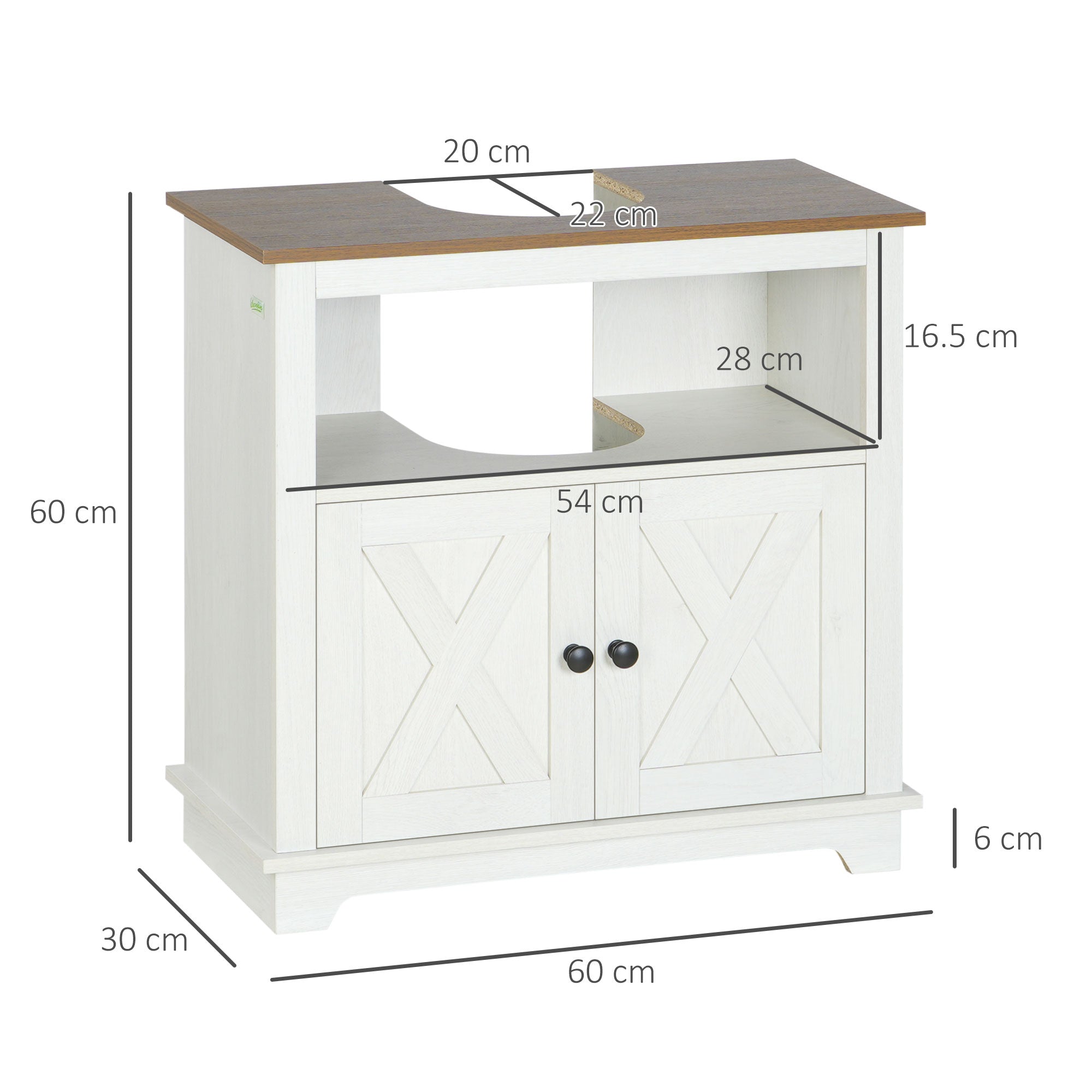 kleankin Under Sink Cabinet Bathroom Vanity Unit with Double Doors and Storage Shelves, 60 x 30 x 60cm, White - North Peak Garden Furniture