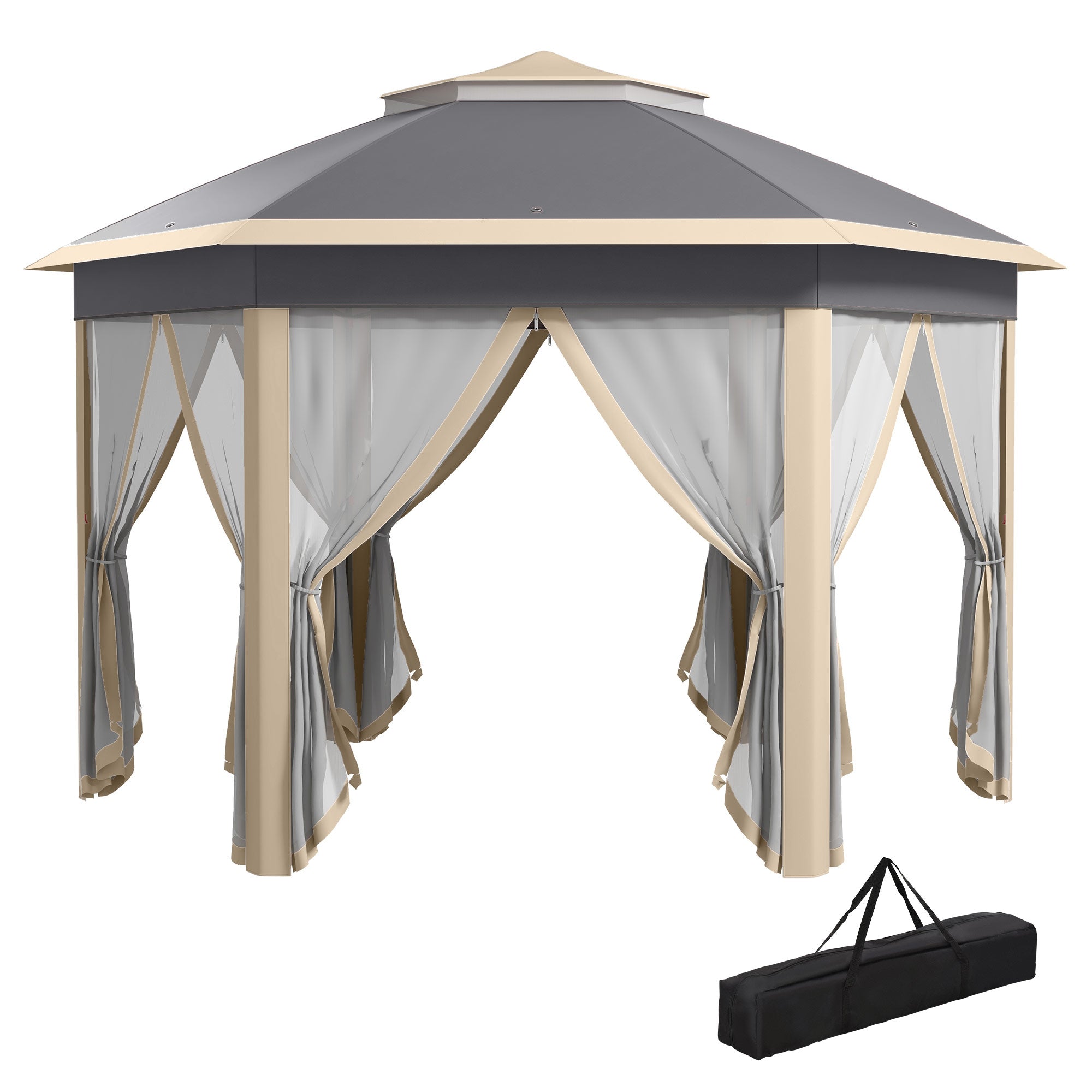 Outsunny Hexagon Pop Up Gazebo Outdoor Patio Gazebo Double Roof Instant Shelter with Netting, 3 x 4m, Khaki - North Peak Garden Furniture
