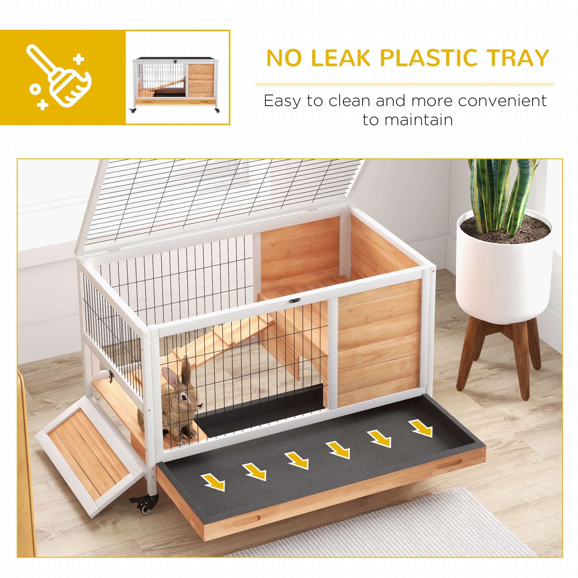 PawHut Wooden Guinea Pig Hutch, 2-Floor Bunny Cage w/ Enclosed Run Area, Yellow - North Peak Garden Furniture