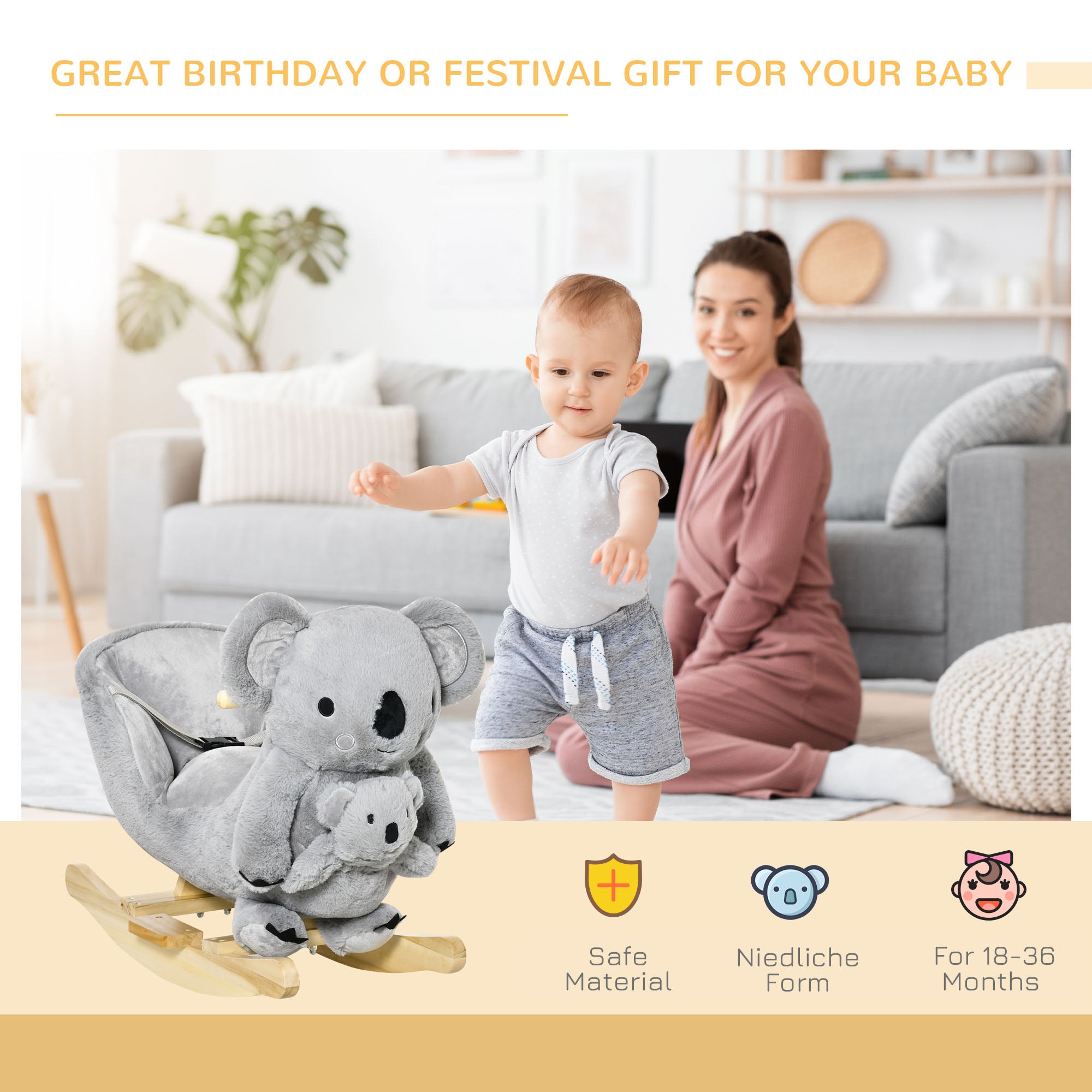 HOMCOM Kids Toddler Rocking Horse Plush Ride On Koala Rocker Wooden Base Seat Safety Belt w/ Gloved Doll Toy for 18-36 Months Grey - North Peak Garden Furniture